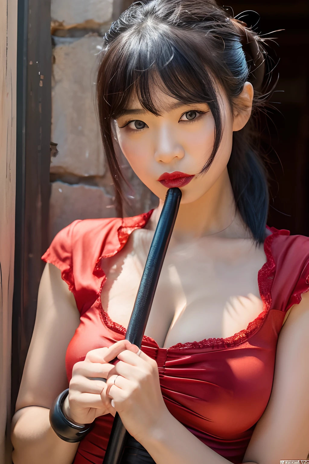 Best quality, 8k, 32k, Masterpiece, UHD:1.2),Photo of Angry Asian  women holding bullwhip, 20 years old, screaming at camera, large breasts, messy hair in a pony tail, Very Detailed Face and Skin Texture, Detailed Eyes, angry facial expression, wearing a red silk dress, cleavage standing in dungeon, looking at viewer, wearing red lipstick, holding handcuffs