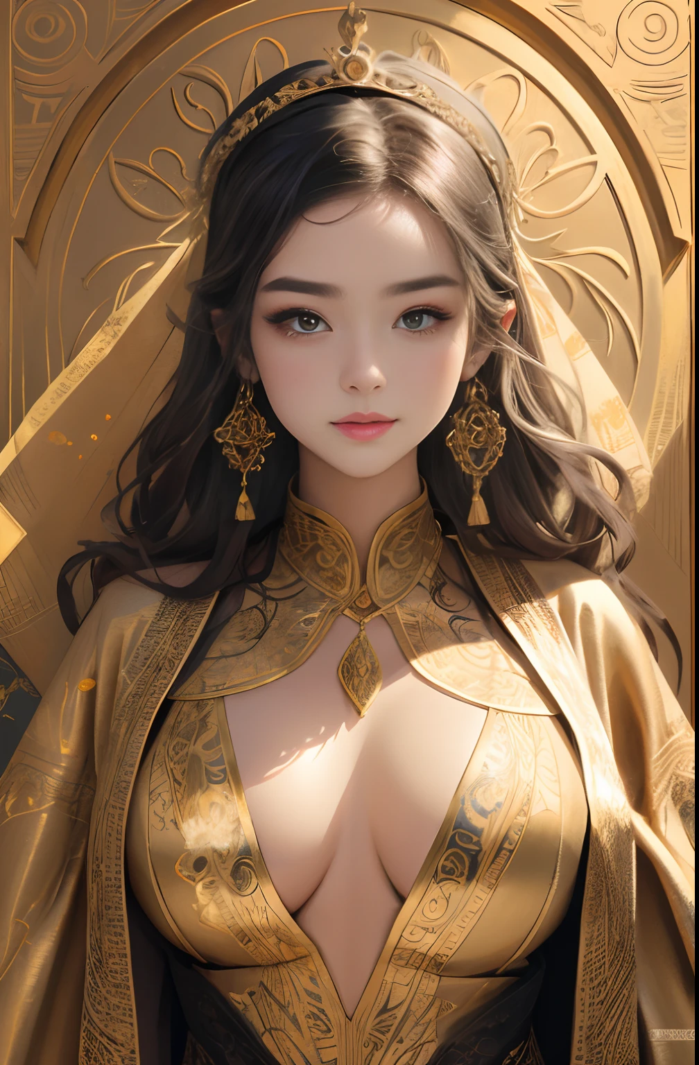 （tmasterpiece，top Quority，best qualtiy，offcial art，Beautiful and aesthetic：1.2），（1girll），Extremely detailed，Colorful，highestdetailed，offcial art，统一 8k 壁纸，ultra - detailed，Beautiful and aesthetic，big breasts beautiful，tmasterpiece，best qualtiy，（zentangle，datura，Tangles，entangled），holy rays，gold foil，Gold leaf art，glitter drawing，PerfectNwsjMajic，delicated face，Elaborate Eyes