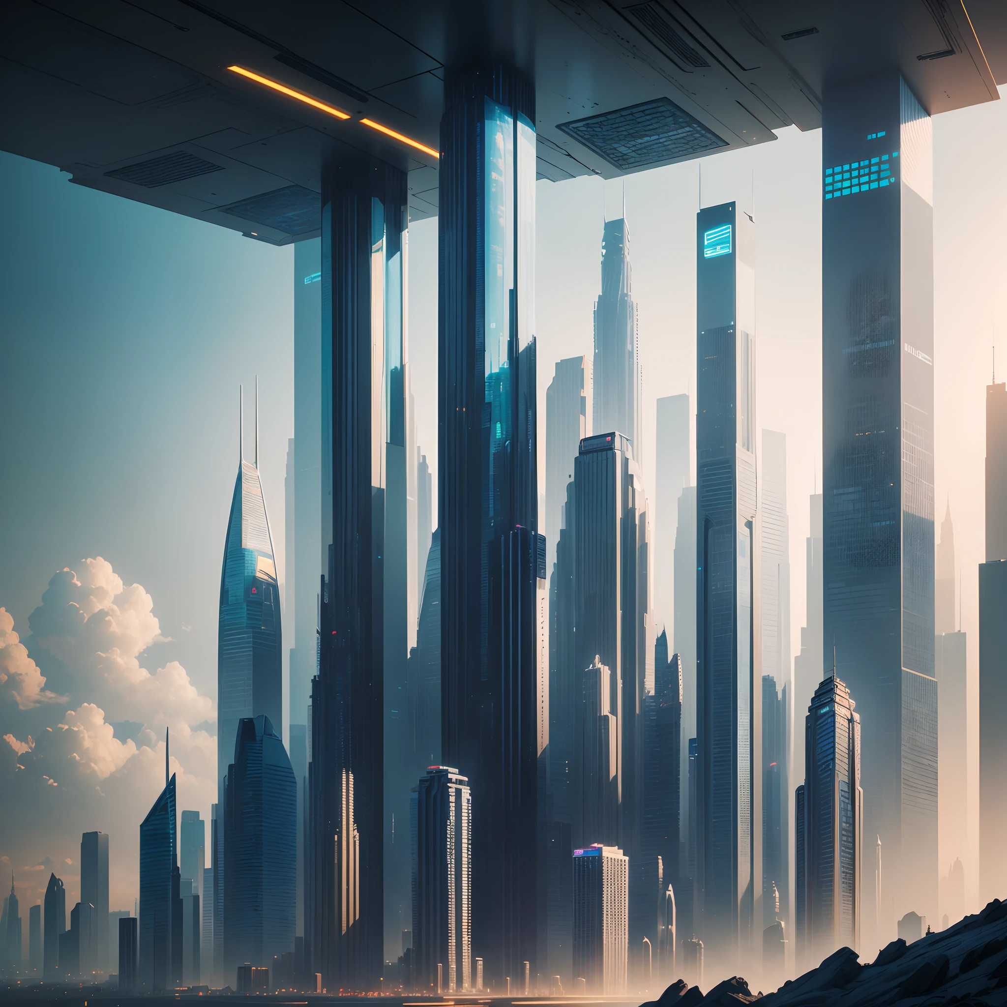 (Best Quality, 8K, Ultra-detailed:1.2), Futuristic cityscape of towering skyscrapers, Cyberpunk, Sci-Fi Art, Earth, A futuristic world, masutepiece, Glass skyscraper, Imaginative, 10 times taller buildings, Vivid colors, Dramatic Lighting