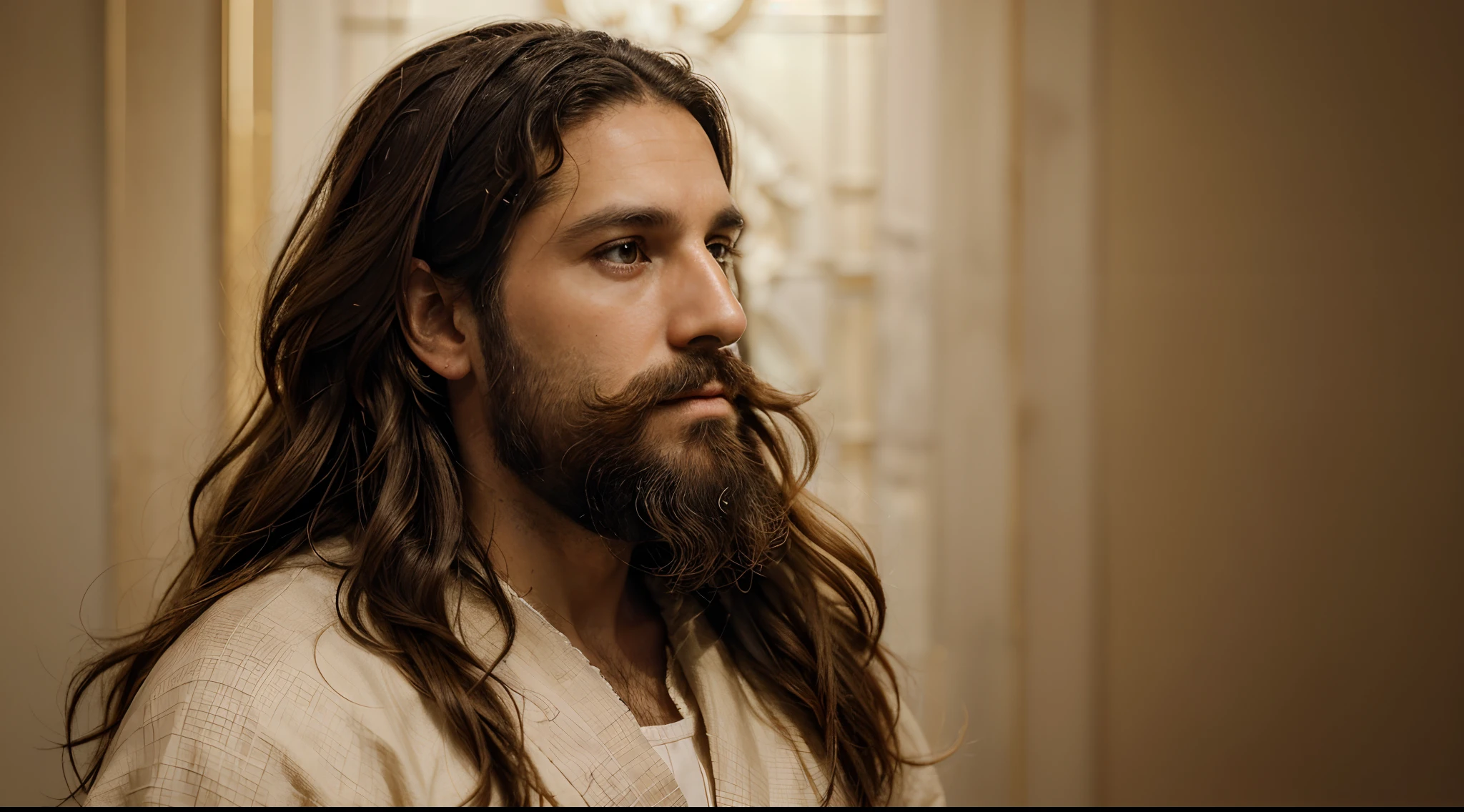 (a biblical figure:1.1,historical,a man's profile,traditional clothing,clear background,35 years old) detailed face,expressive eyes,well-defined beard and moustache,shoulder-length wavy hair,serene expression,emotive posture,surrounded by a soft golden light,subtle shadowing