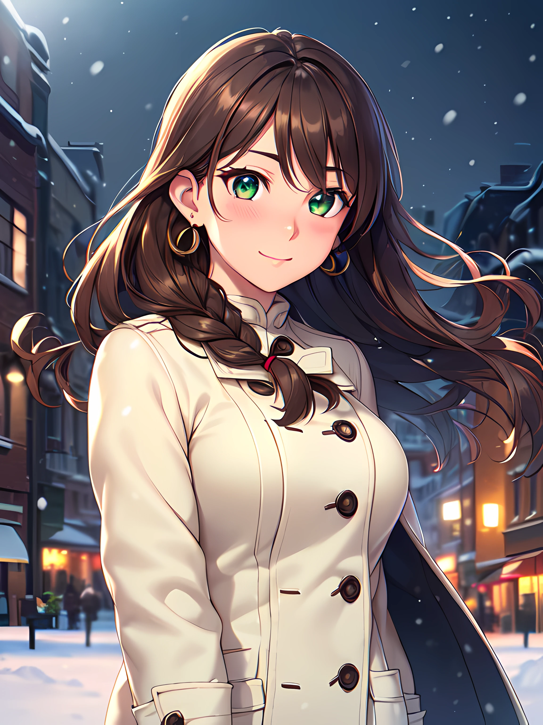 ((masterpiece, best quality, high resolution, UHD, perfect pixel, depth of field, 4k, RTX, HDR, extremely detailed)), 1girl, single, solo, 24 years old, beautiful anime girl, beautiful art style, anime character, sly smile, beautiful smile, ((long hair, braided hair, brown hair)), (green eyes:1.4, rounded eyes, beautiful eyelashes, realistic eyes, extremely detailed pupil), (detailed face, blushing:1.2), (smooth texture:0.75, realistic texture:0.65, photorealistic:1.2, cinematic, anime CG style), medium breasts, upper body, perfect body, busty, (dynamic angle, POV, close up), ((winter clothes, long coats, mittens, gloves, long underwear, earrings)), night, city lights, bokeh:1.4, (outdoor, city buildings, crowd), ((winter, snowfall:1.8, heavy snow, wind, wind blows)), (graceful, prestigious, glorious, elegant, aesthetic)