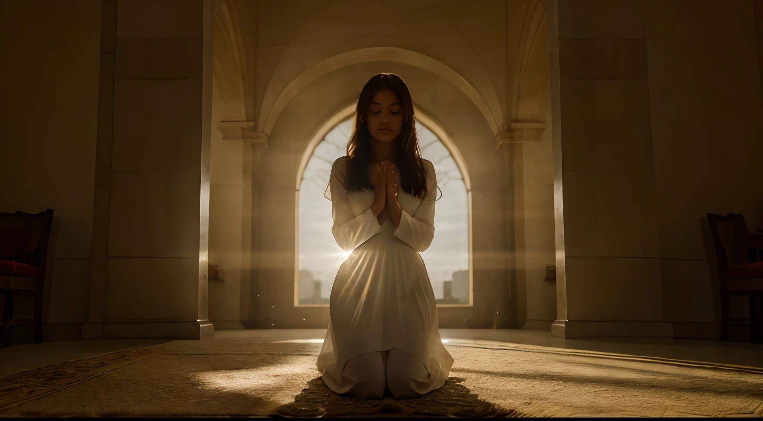 A person kneeling in prayer, with an expression of serenity and confidence, while holding hands together. Ao redor dela, beams of bright light symbolizing God's presence and care, contrastando com um fundo escuro e sombrio, representando os temores e incertezas que podem cercar a pessoa.