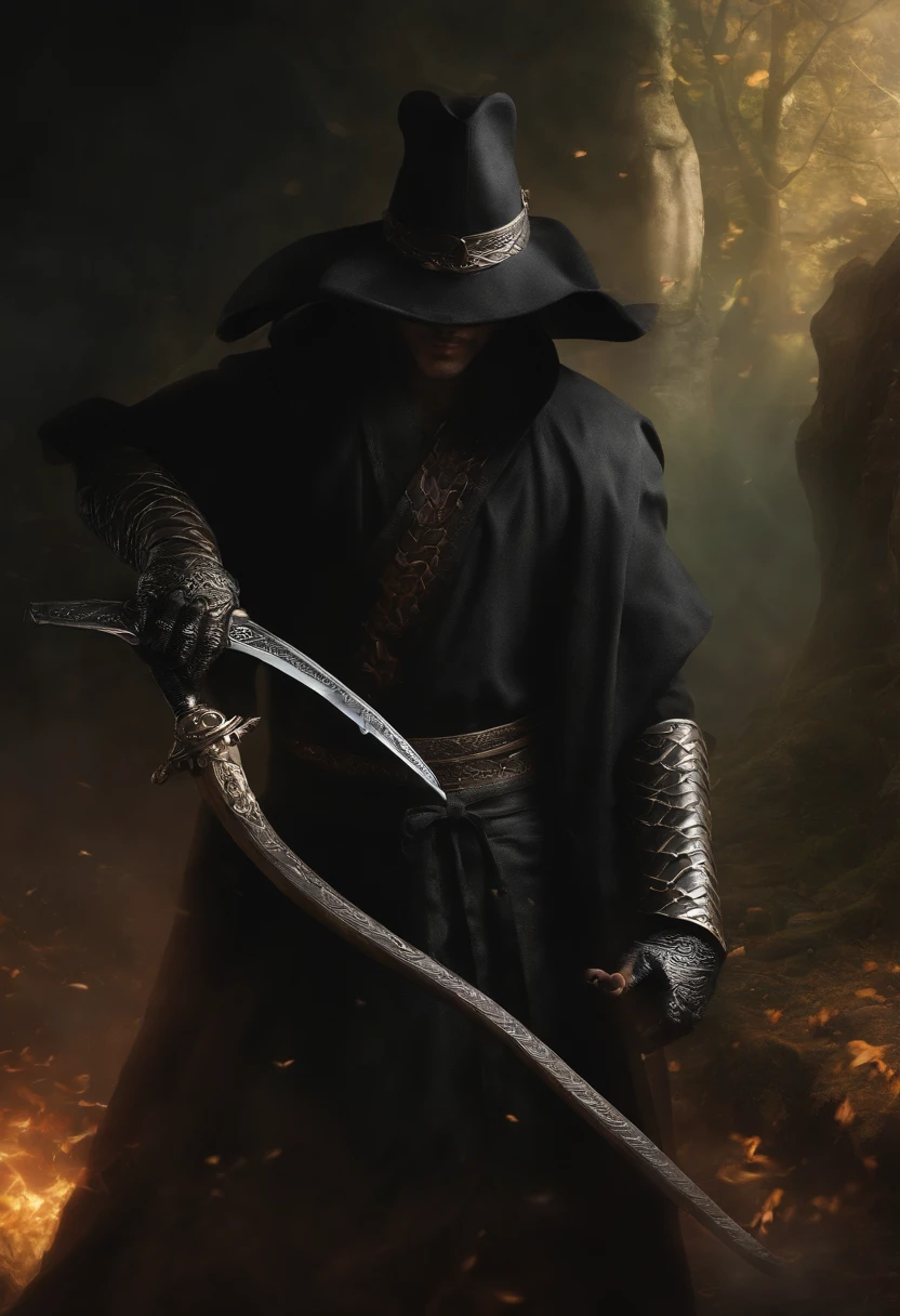 The Veridian Serpent Blade, held by an enigmatic male figure, embodies a fluid grace in its wielder's movements, mirroring the serpent's elegance. His dark attire and shadowy countenance accentuate the serpentine aura. As he wields the katana, his presence exudes a protective air, akin to a guardian of untamed realms, leaving behind a mesmerizing trail of serpentine mystery.