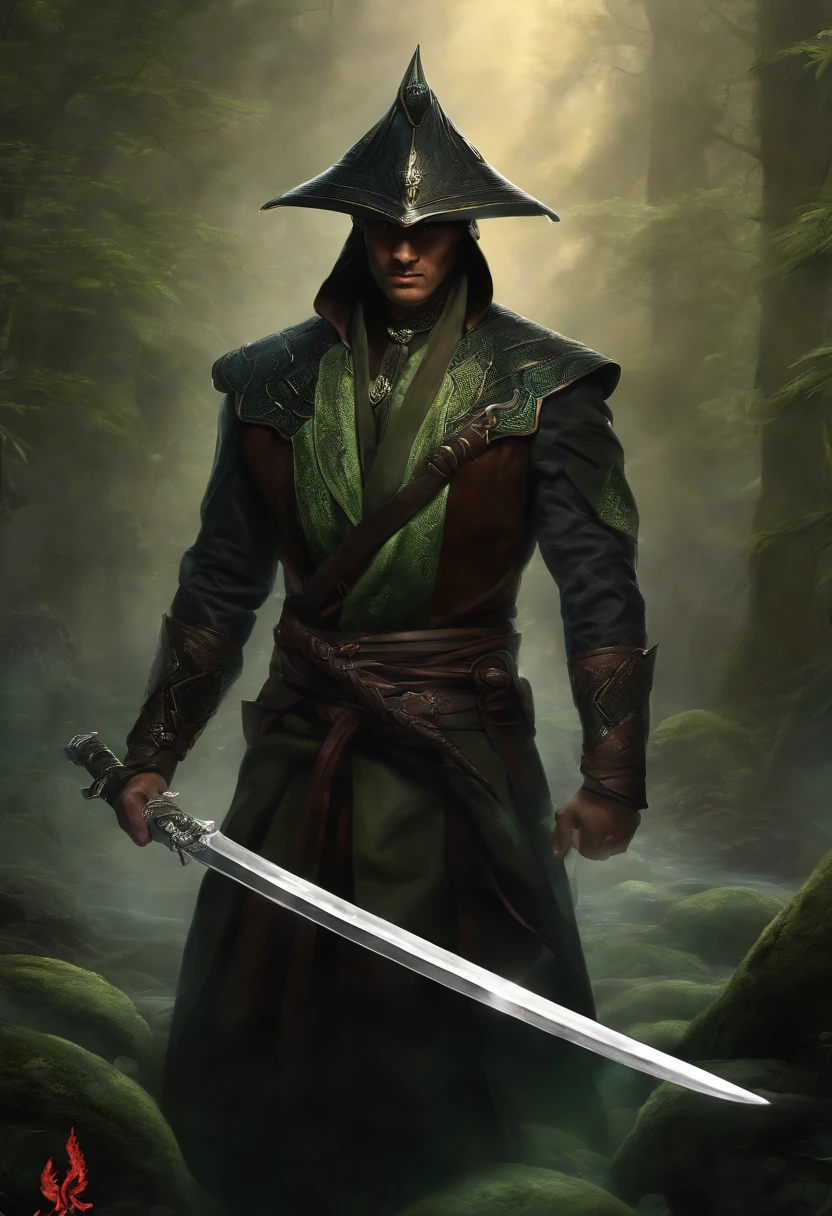 The Veridian Serpent Blade, held by an enigmatic male figure, embodies a fluid grace in its wielder's movements, mirroring the serpent's elegance. His dark attire and shadowy countenance accentuate the serpentine aura. As he wields the katana, his presence exudes a protective air, akin to a guardian of untamed realms, leaving behind a mesmerizing trail of serpentine mystery.