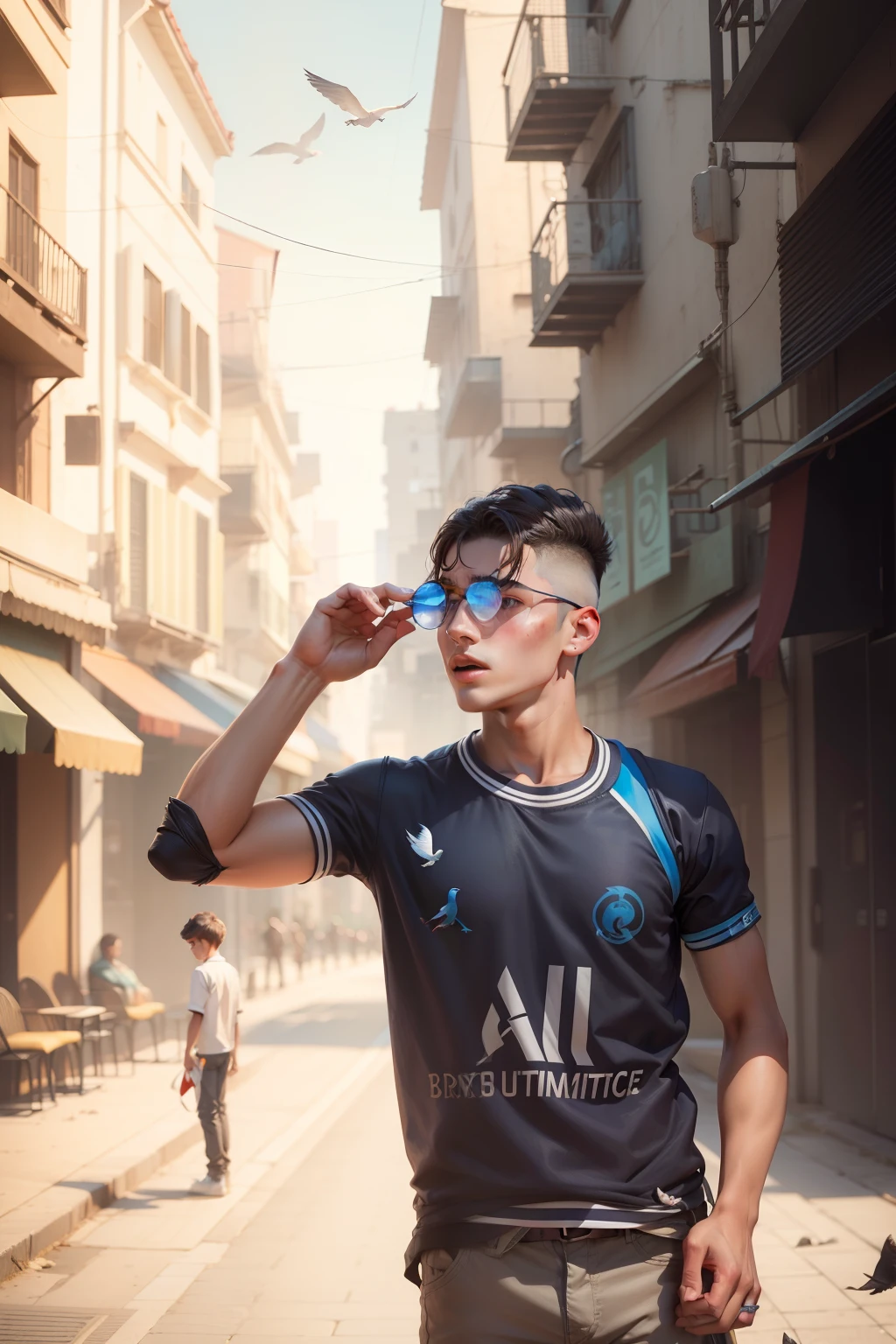 Boy With Birds futuristic background realistic face ,boy 20 years old, face some smooth, fantastic cloth, bule, every colour Strait hair, high quality Picture Hd,