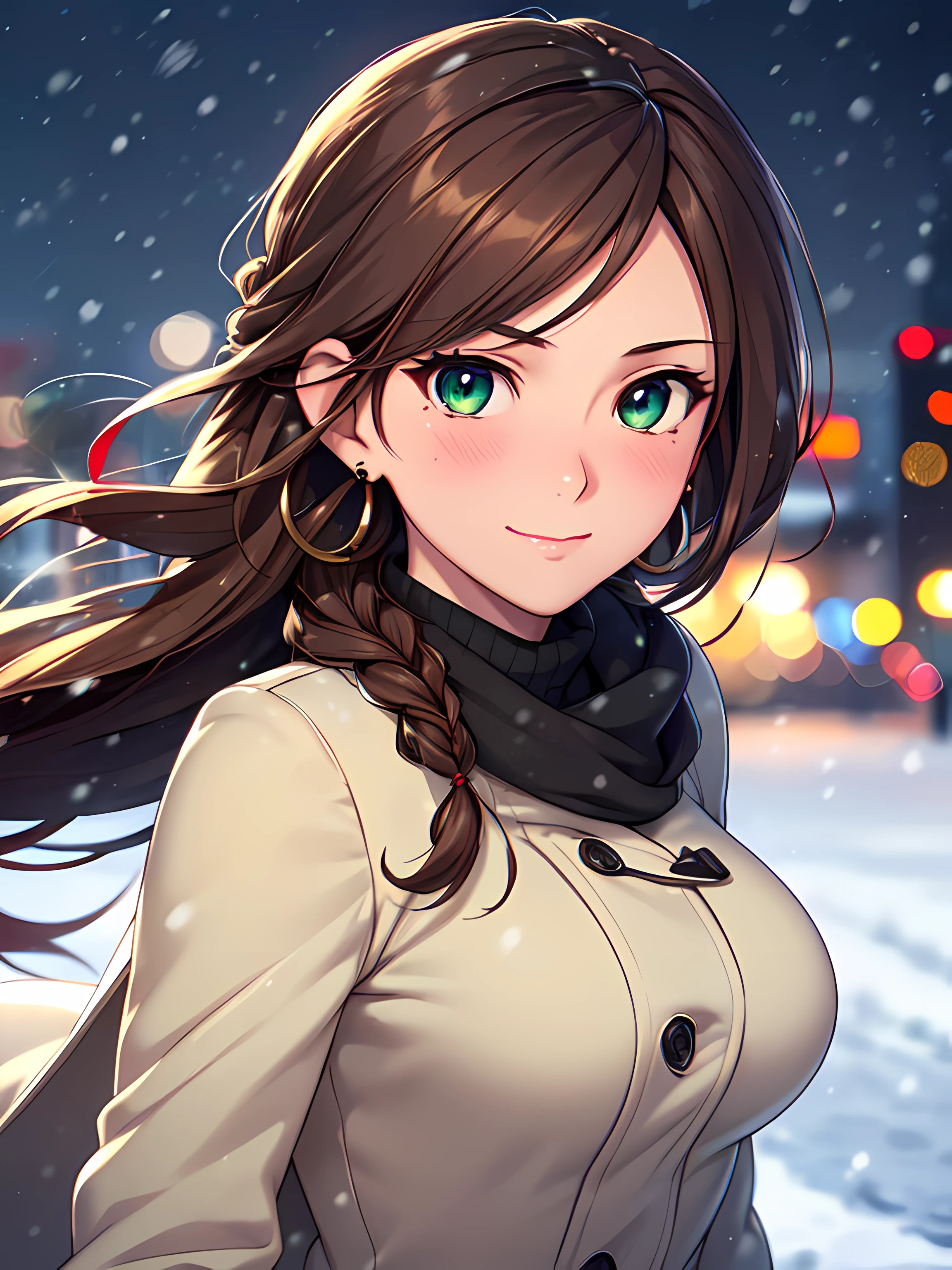 ((masterpiece, best quality, high resolution, UHD, perfect pixel, depth of field, 4k, RTX, HDR, extremely detailed)), 1girl, single, solo, 24 years old, beautiful anime girl, beautiful art style, anime character, sly smile, beautiful smile, ((long hair, braided hair, brown hair)), (green eyes:1.4, rounded eyes, beautiful eyelashes, realistic eyes, extremely detailed pupil), (detailed face, blushing:1.2), (smooth texture:0.75, realistic texture:0.65, photorealistic:1.2, cinematic, anime CG style), medium breasts, upper body, perfect body, busty, (dynamic angle, POV, close up), ((winter clothes, long coats, mittens, gloves, long underwear, earrings)), night, city lights, bokeh:1.4, (outdoor, city buildings, crowd), ((winter, snowfall:1.8, heavy snow, wind, wind blows)), (graceful, prestigious, glorious, elegant, aesthetic)
