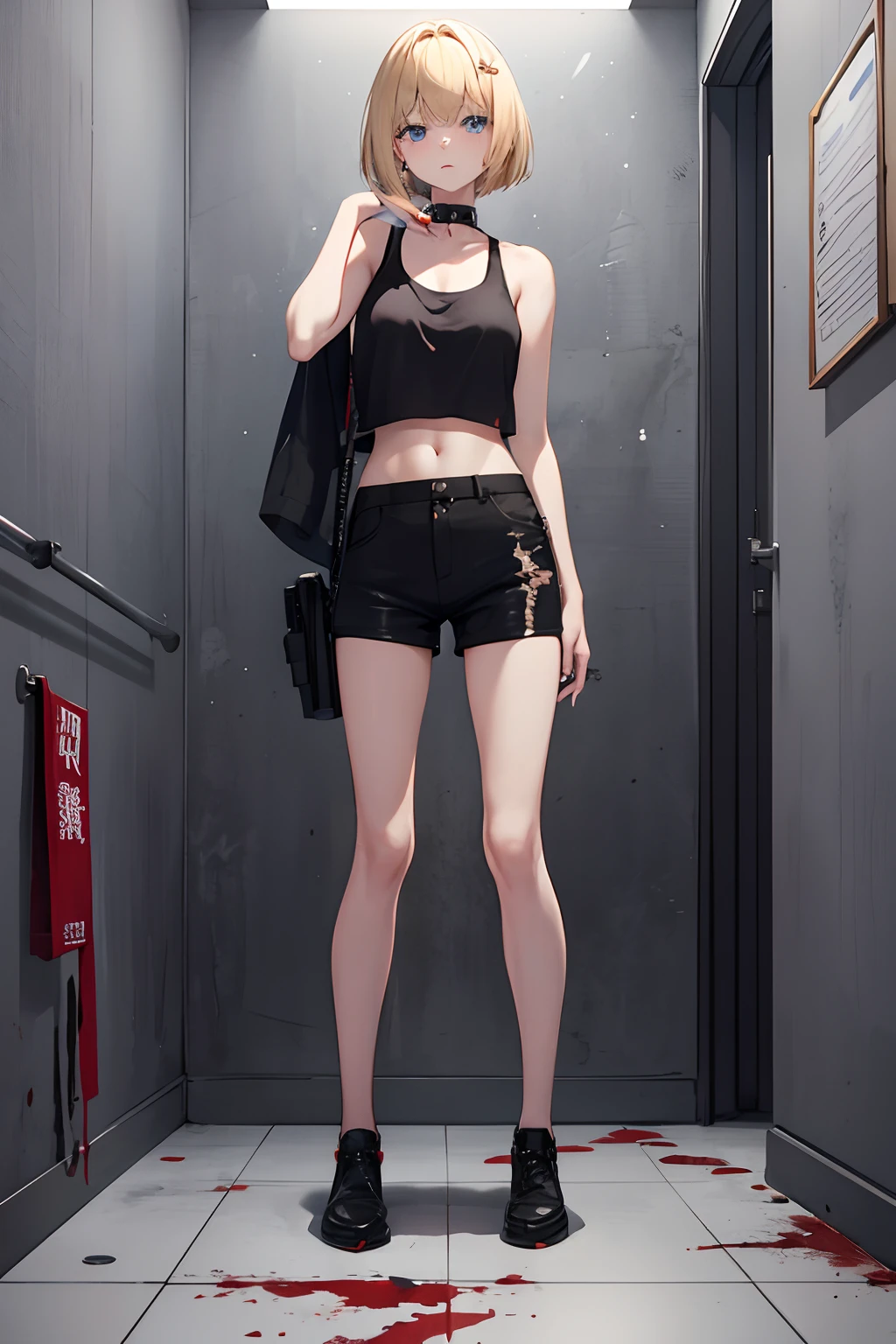 Hiding in the toilets of military bases、Holding a gun、Blood stains on the floor and walls、Bullet holes in the wall、People who are bleeding and falling、cute blonde girl、cute face、elegant sleek smooth body、full body Esbian、Short bob hair、a blond、blue eyes、Black tank top、sexy black shorts、Wearing black shorts