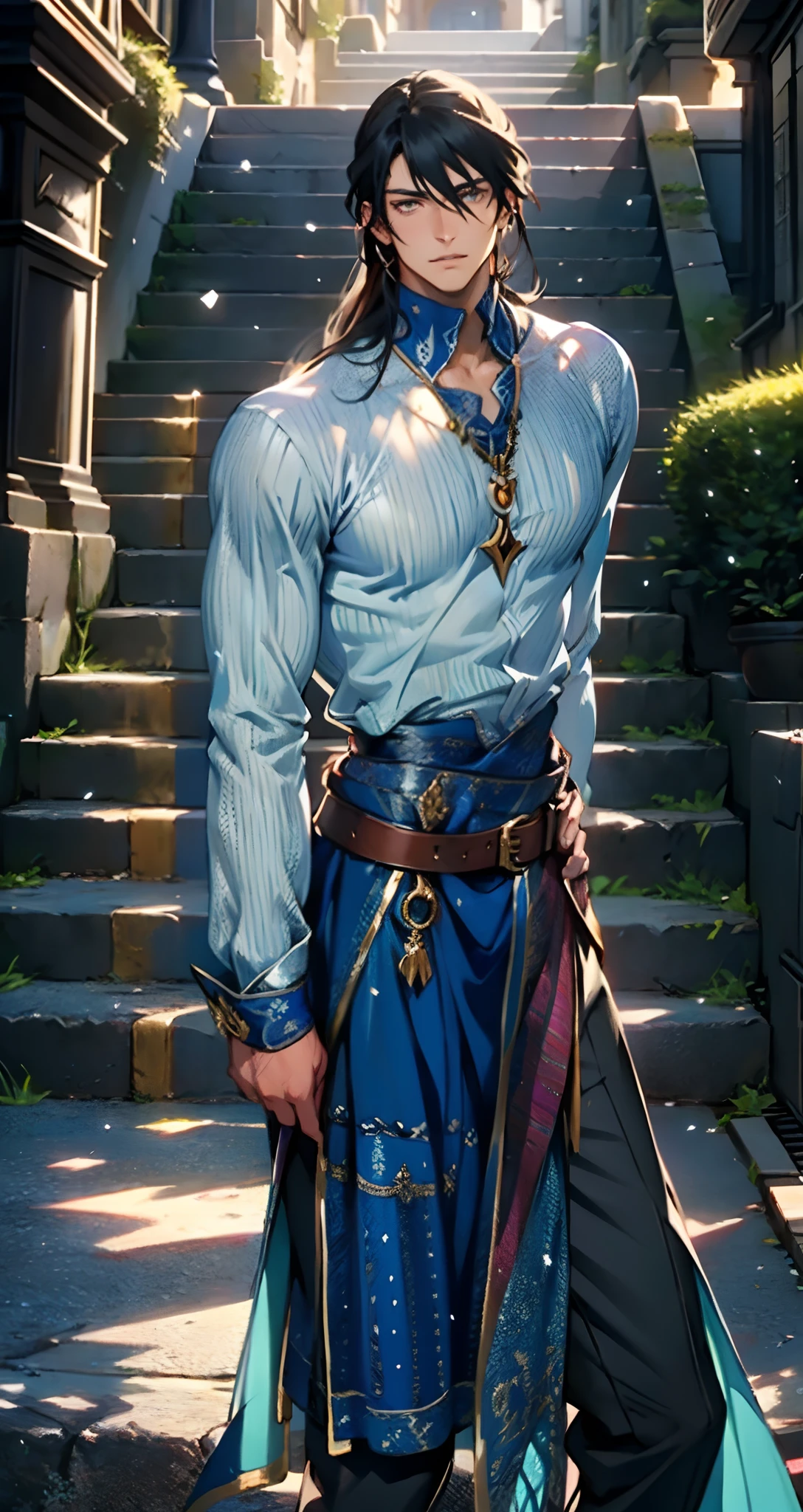 A young man with indigo long hair, long and straight hairstyle, looks up, a gentle expression, a tender gaze, a two-piece fantasy-realism style outfit, knitted shirt over a dark fitted undershirt, belted at the waist, long flowing hemline, matching trousers, the background shows a medieval fantasy-style street with snowflakes falling, this character embodies a finely crafted fantasy-realism in anime style, characterized by an exquisite and mature manga illustration art style, high definition, best quality, highres, ultra-detailed, ultra-fine painting, extremely delicate, professional, anatomically correct, symmetrical face, extremely detailed eyes and face, high quality eyes, creativity, RAW photo, UHD, 8k, Natural light, cinematic lighting, masterpiece-anatomy-perfect, masterpiece:1.5