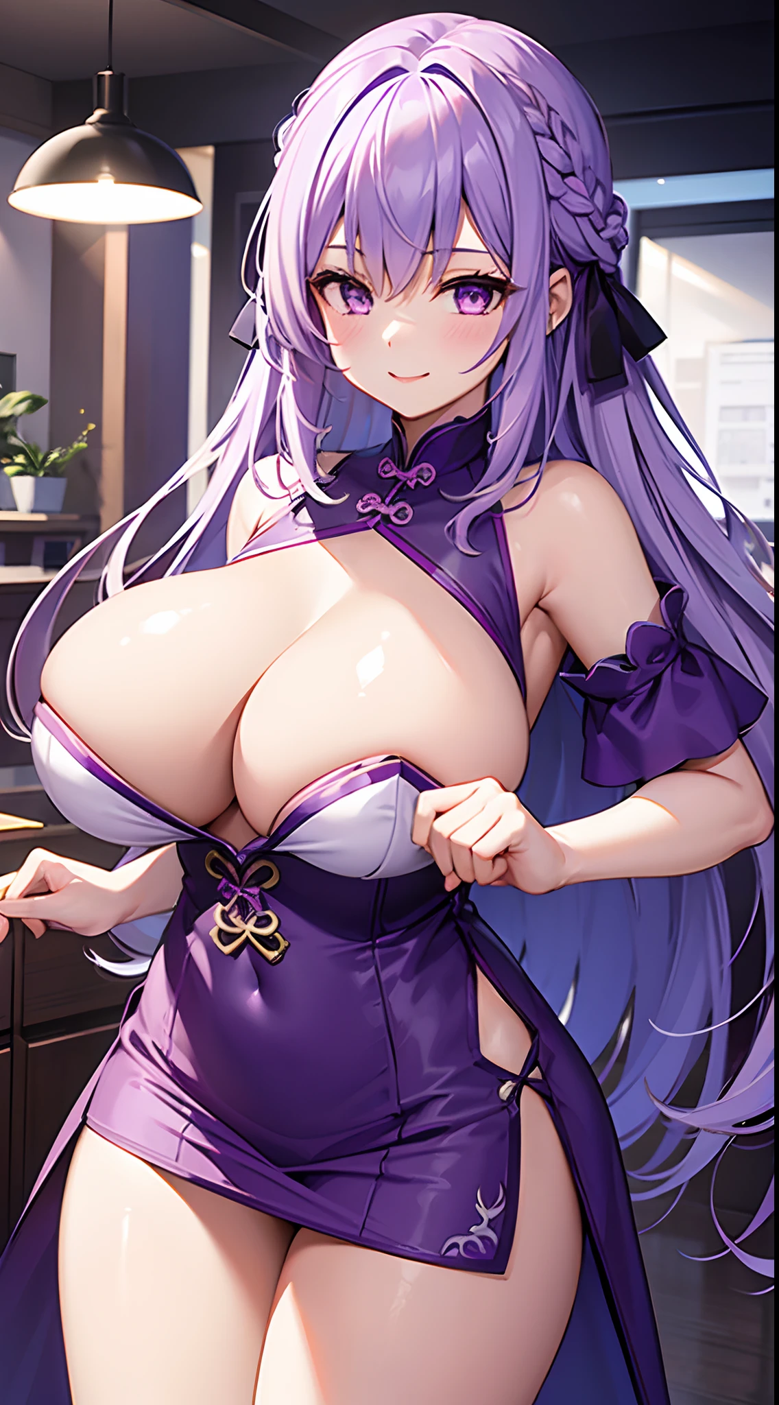 1 girl, game CG, topless short purple cheongsam, cleavage visible, hair ribbon, gigantic breasts, light purple hair, long hair, french braid, purple eyes, smile, turn around,