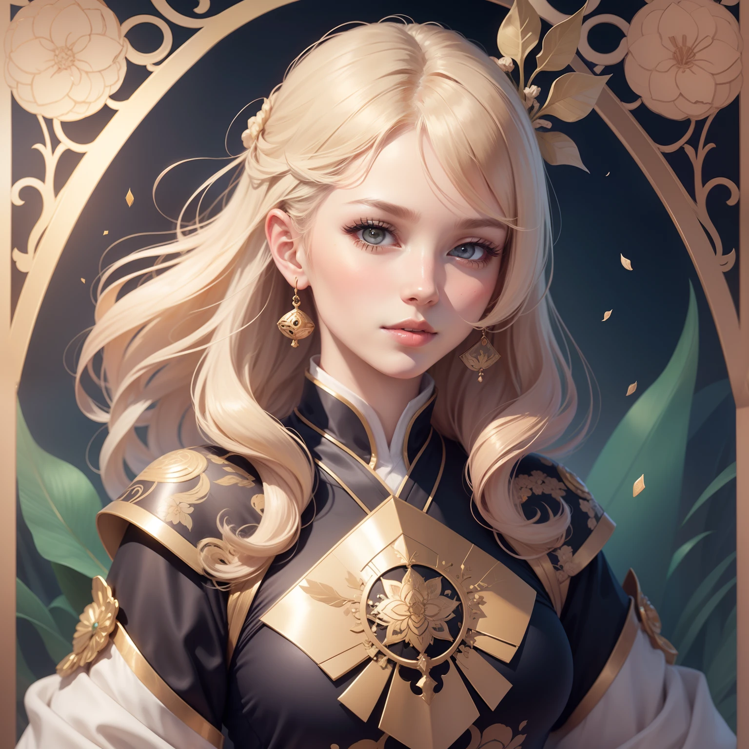 Genshin, Beautiful Girl, Light hair, tarot card art, line-drawing, clean line drawings, Nature-themed colored mandalas, Colorful, Simple and clean lineart, Art Nouveau décor, Alfonse Mucha, Perfect intricate details, Realistic.