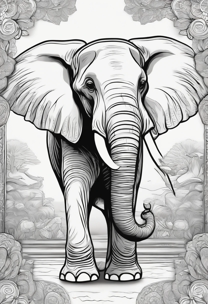 Create a vivid thick lines page of an elephant for high detail adult coloring book page