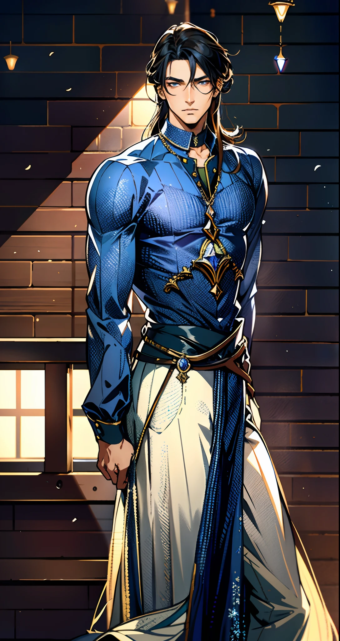 A young man with indigo long hair, long and straight hairstyle, looks up, a gentle expression, a tender gaze, a two-piece fantasy-realism style outfit, knitted shirt over a dark fitted undershirt, belted at the waist, long flowing hemline, matching trousers, the background shows a medieval fantasy-style street with snowflakes falling, this character embodies a finely crafted fantasy-realism in anime style, characterized by an exquisite and mature manga illustration art style, high definition, best quality, highres, ultra-detailed, ultra-fine painting, extremely delicate, professional, anatomically correct, symmetrical face, extremely detailed eyes and face, high quality eyes, creativity, RAW photo, UHD, 8k, Natural light, cinematic lighting, masterpiece-anatomy-perfect, masterpiece:1.5