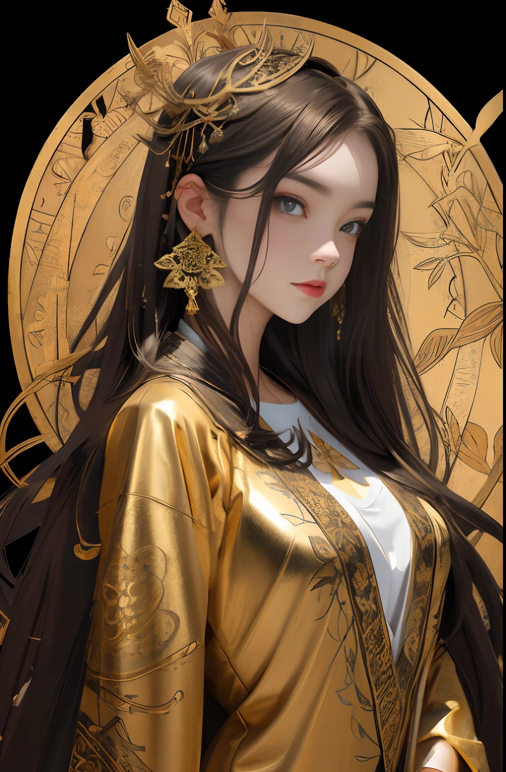 （tmasterpiece，top Quority，best qualtiy，offcial art，Beautiful and aesthetic：1.2），（1girll），Extremely detailed，Colorful，highestdetailed，offcial art，统一 8k 壁纸，ultra - detailed，Beautiful and aesthetic，big breasts beautiful，tmasterpiece，best qualtiy，（zentangle，datura，Tangles，entangled），holy rays，gold foil，Gold leaf art，glitter drawing，PerfectNwsjMajic，delicated face，Elaborate Eyes