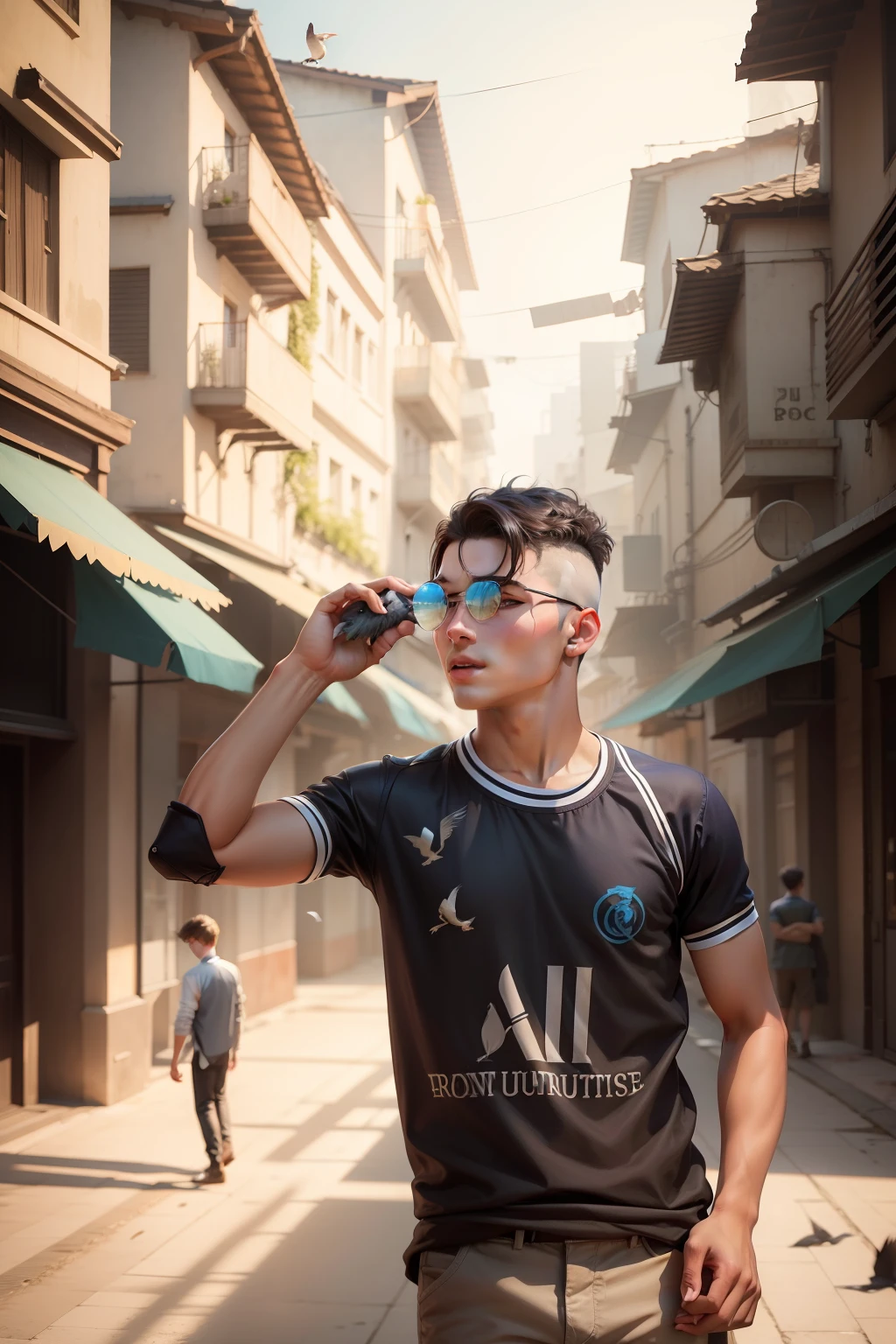Boy With Birds futuristic background realistic face ,boy 20 years old, face some smooth, fantastic cloth, bule, every colour Strait hair, high quality Picture Hd,