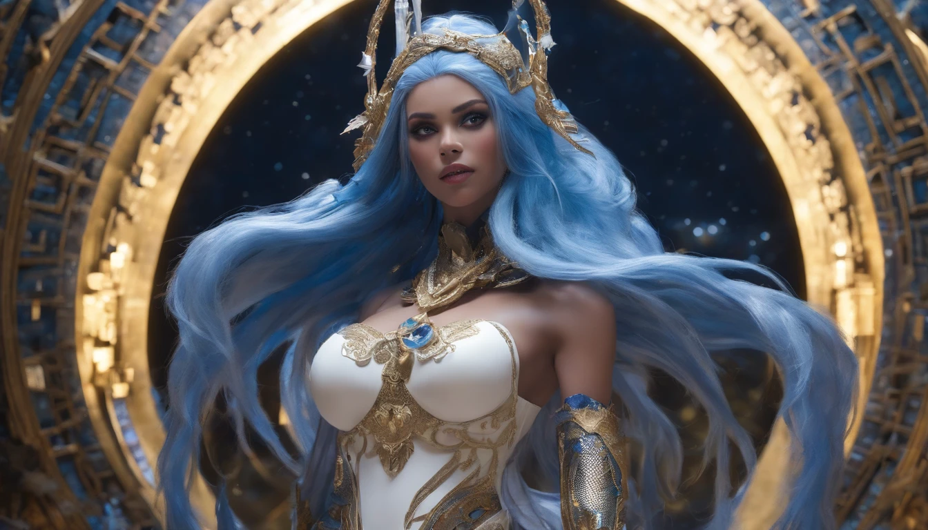 (masterpiece, top quality, best quality, official art, beautiful and aesthetic:1.2), (1girl:1.3), dark blue hair in braid, extremely detailed, portrait, looking at viewer, solo, (full body:0.6), detailed background, close up, (cool science fiction space theme:1.1), ((((blue skin)))), extremely busty sorceress, charlatan, mysterious, casting spells in space, four arms, revealing white and gold robes, fingerless gloves, long gloves, ((glowing magical energy, blindfold)), elaborate headdress, golden ceremonial horns, sheer white fabric, elegant robes, skirts, streamers, cowl, cape, sandals, bracers, ((((four arms, gigantic breasts, cleavage, skindentation)))), slim waist, slim hips, long legs, athletic, SPACE, futuristic moon, (space exterior:1.1) background, dark mysterious lighting, shadows, magical atmosphere, dutch angle Joslyn James