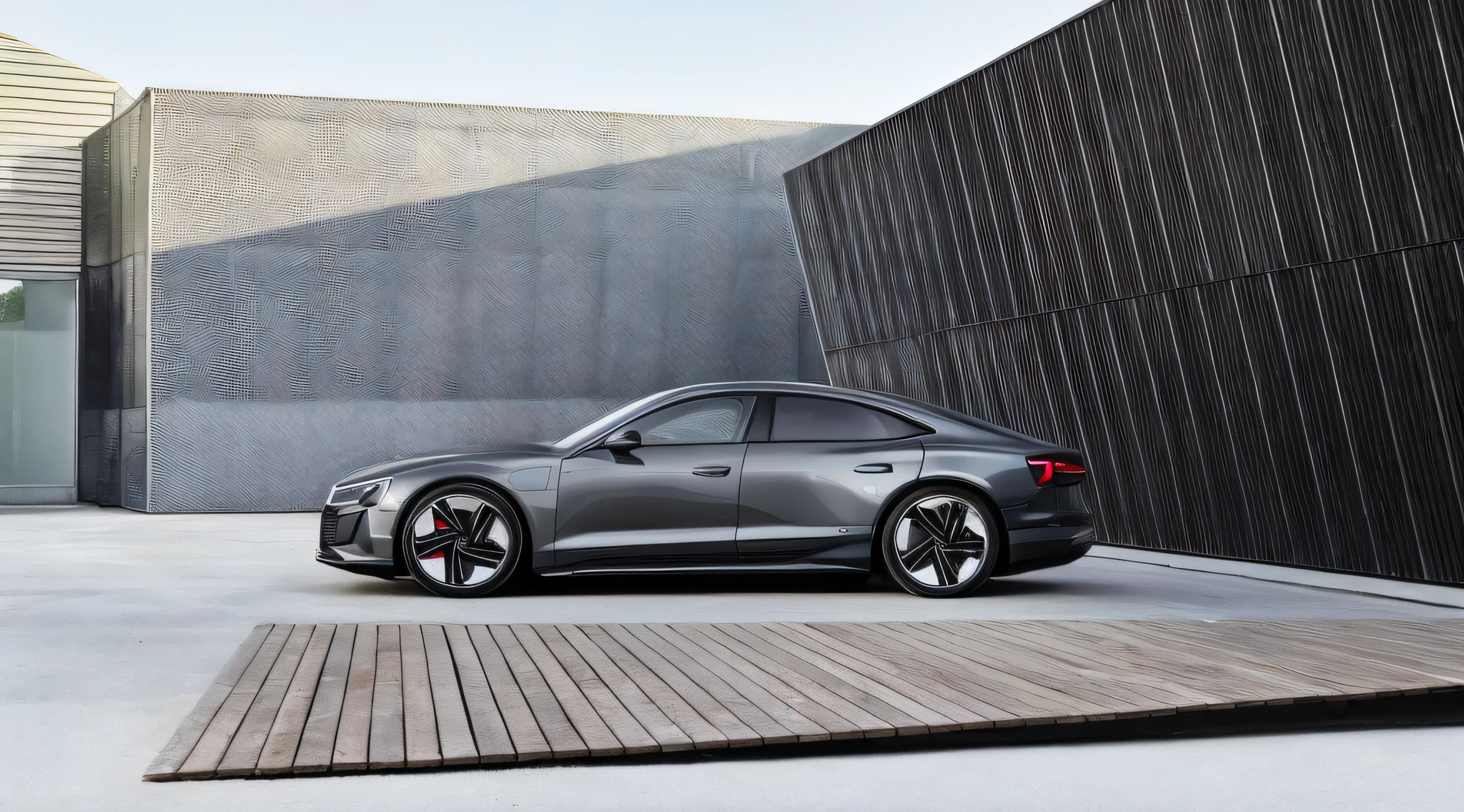 Close-up of the Audi e-tron GT car parked next to the wooden platform,Cool wheels,stunning 8 k, 8k in the style,