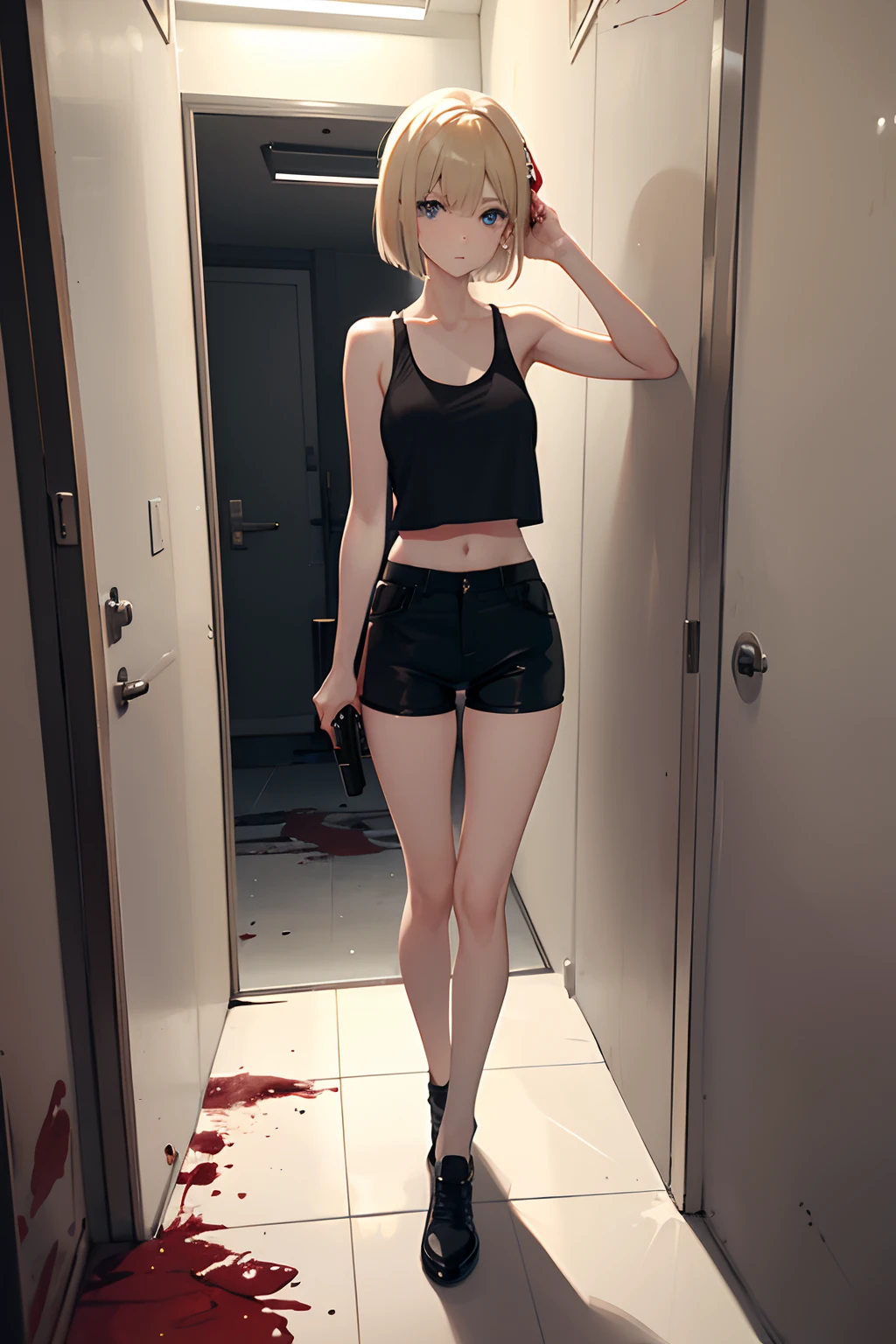 Hiding in the toilets of military bases、Holding a gun、Blood stains on the floor and walls、Bullet holes in the wall、People who are bleeding and falling、cute blonde girl、cute face、elegant sleek smooth body、full body Esbian、Short bob hair、a blond、blue eyes、Black tank top、sexy black shorts、Wearing black shorts