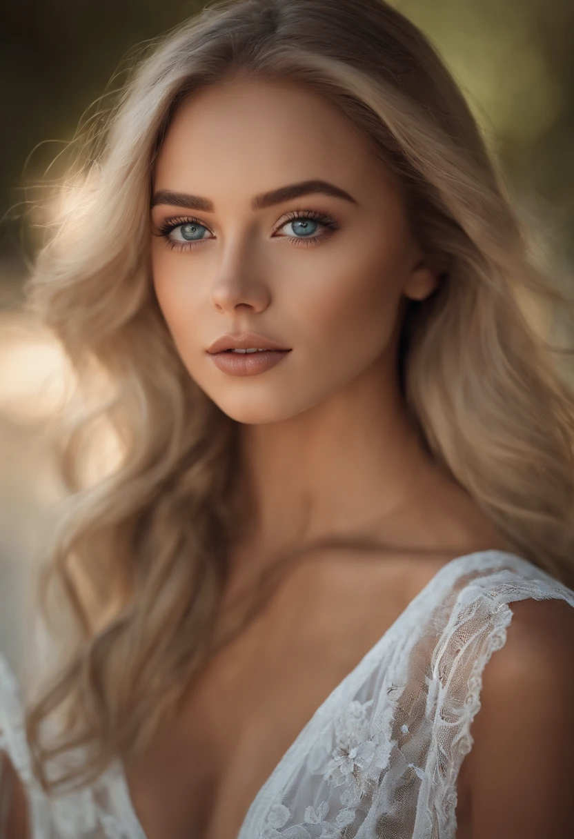 Arafed woman in full , Sexy girl with blue eyes, ultra realistic, Meticulous detail, portrait sophie mudd, blonde hair and large eyes, selfie of a young woman, bedroom eyes, violet myers, no makeup, natural makeup, looking straight at camera, face with artgram, fine makeup, Stunning full-length shot, on a beach, large size bust