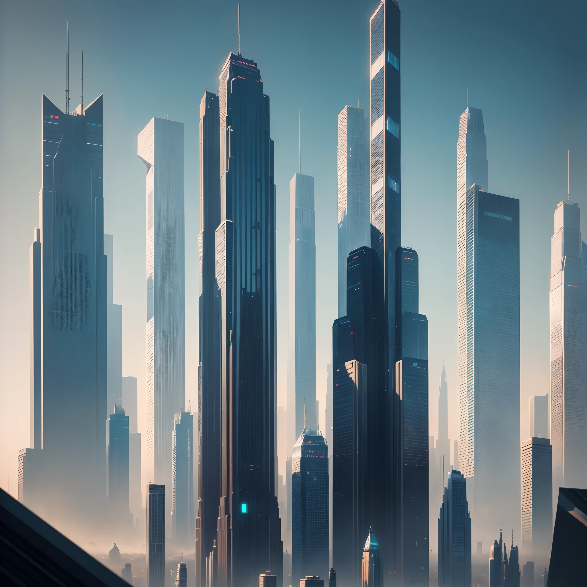 (Best Quality, 8K, Ultra-detailed:1.2), Futuristic cityscape of towering skyscrapers, Cyberpunk, Sci-Fi Art, Earth, A futuristic world, masutepiece, Glass skyscraper, Imaginative, 10 times taller buildings, Vivid colors, Dramatic Lighting