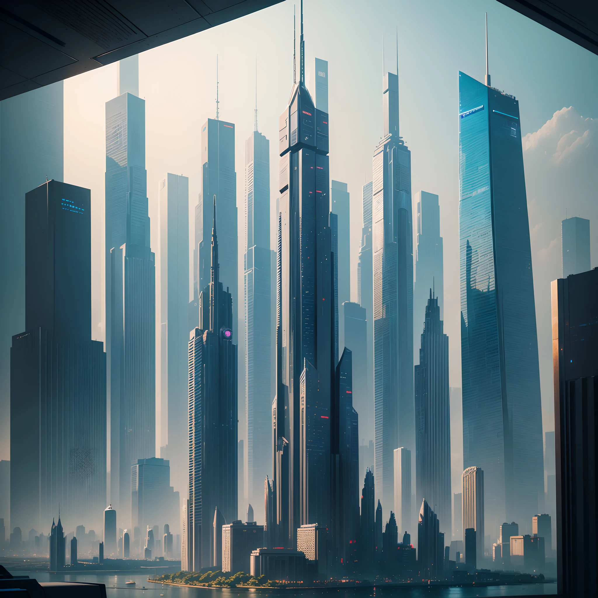 (Best Quality, 8K, Ultra-detailed:1.2), Futuristic cityscape of towering skyscrapers, Cyberpunk, Sci-Fi Art, Earth, A futuristic world, masutepiece, Glass skyscraper, Imaginative, 10 times taller buildings, Vivid colors, Dramatic Lighting