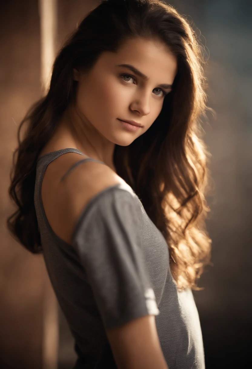 (Close-up, 12 yrs old,Female brunette hair,Back line,Sports short-sleeved clothes), ((Only the back is visible)),Ultra photo realsisim ,Lifelike texture, Dramatic lighting , cine still 800