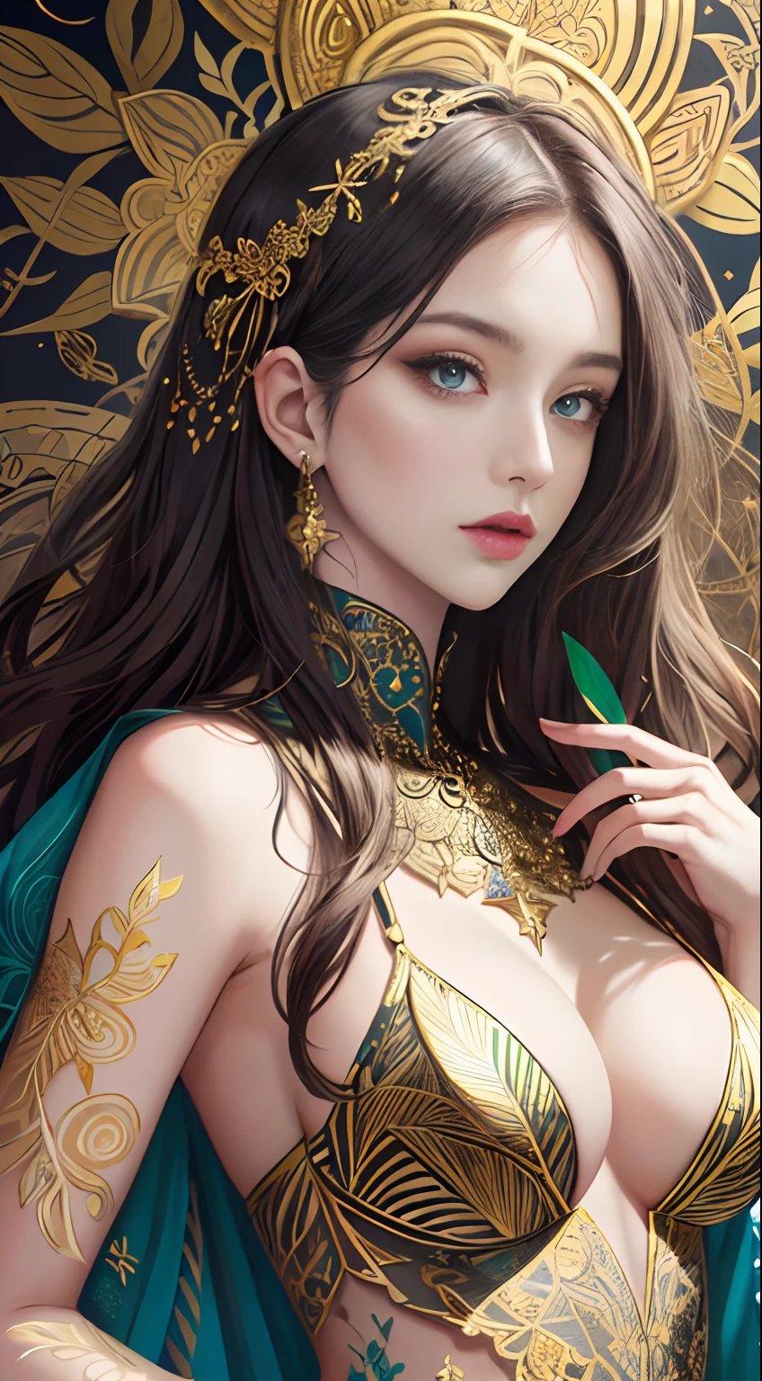 (tmasterpiece,top Quority,best qualtiy,offcial art,Beautiful and aesthetic:1.2),(1girll),Extremely detailed,Colorful,highestdetailed,offcial art,统一 8k 壁纸,ultra - detailed,Beautiful and aesthetic,big breasts beautiful,tmasterpiece,best qualtiy,(zentangle,datura,Tangles,entangled),holy rays,gold foil,Gold leaf art,glitter drawing,PerfectNwsjMajic,delicated face,Elaborate Eyes