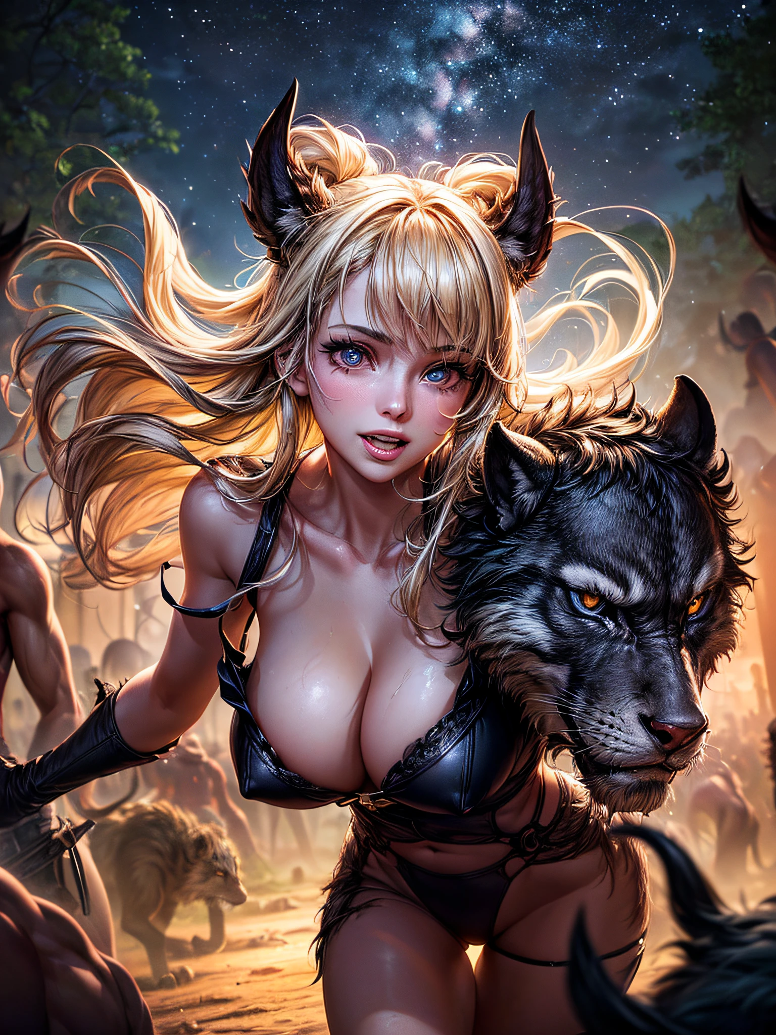 (1girl), Solo, Extremely cute, Amazing face and eyes, (Beautiful lovely smile), Blonde hair, (extremely detailed beautiful face), bright shiny lips, (Big breasts:1.5), (Best Quality:1.4), (Ultra-detailed), (A hyper-realistic, Photorealsitic:1.37), Beautiful fair skin, extremely detailed CG unified 8k wallpaper, RAW Photos, professional photograpy, Cinematic lighting, dense woods, (nighttime scene, Quiet Night Jungle:1.2), (A horde of human men turned into beasts attacks a girl:1.7), (The girl is desperately running away:1.3), (Silence, night sky:1.3),