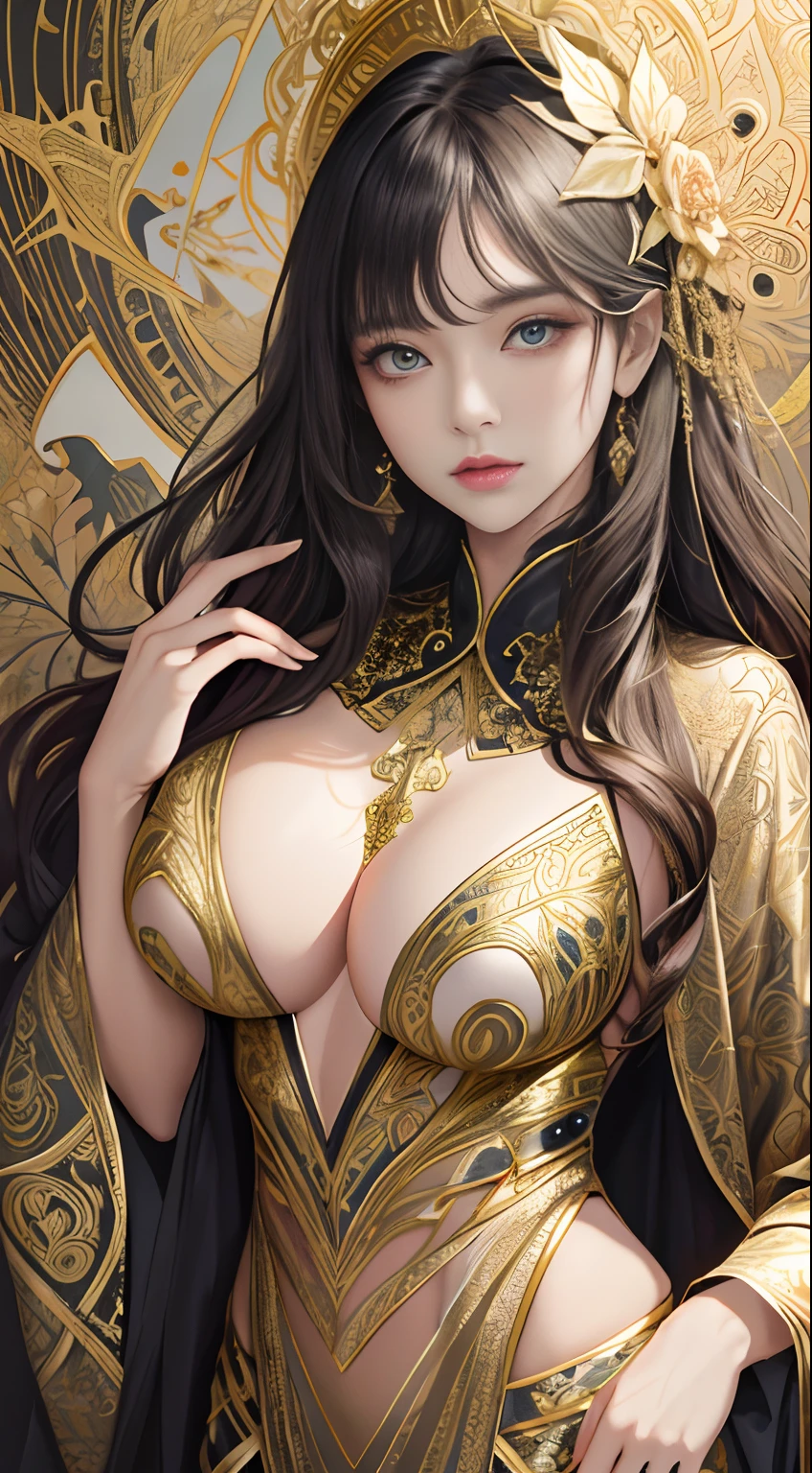 （tmasterpiece，top Quority，best qualtiy，offcial art，Beautiful and aesthetic：1.2），（1girll），Extremely detailed，Colorful，highestdetailed，offcial art，统一 8k 壁纸，ultra - detailed，Beautiful and aesthetic，big breasts beautiful，tmasterpiece，best qualtiy，（zentangle，datura，Tangles，entangled），holy rays，gold foil，Gold leaf art，glitter drawing，PerfectNwsjMajic，delicated face，Elaborate Eyes