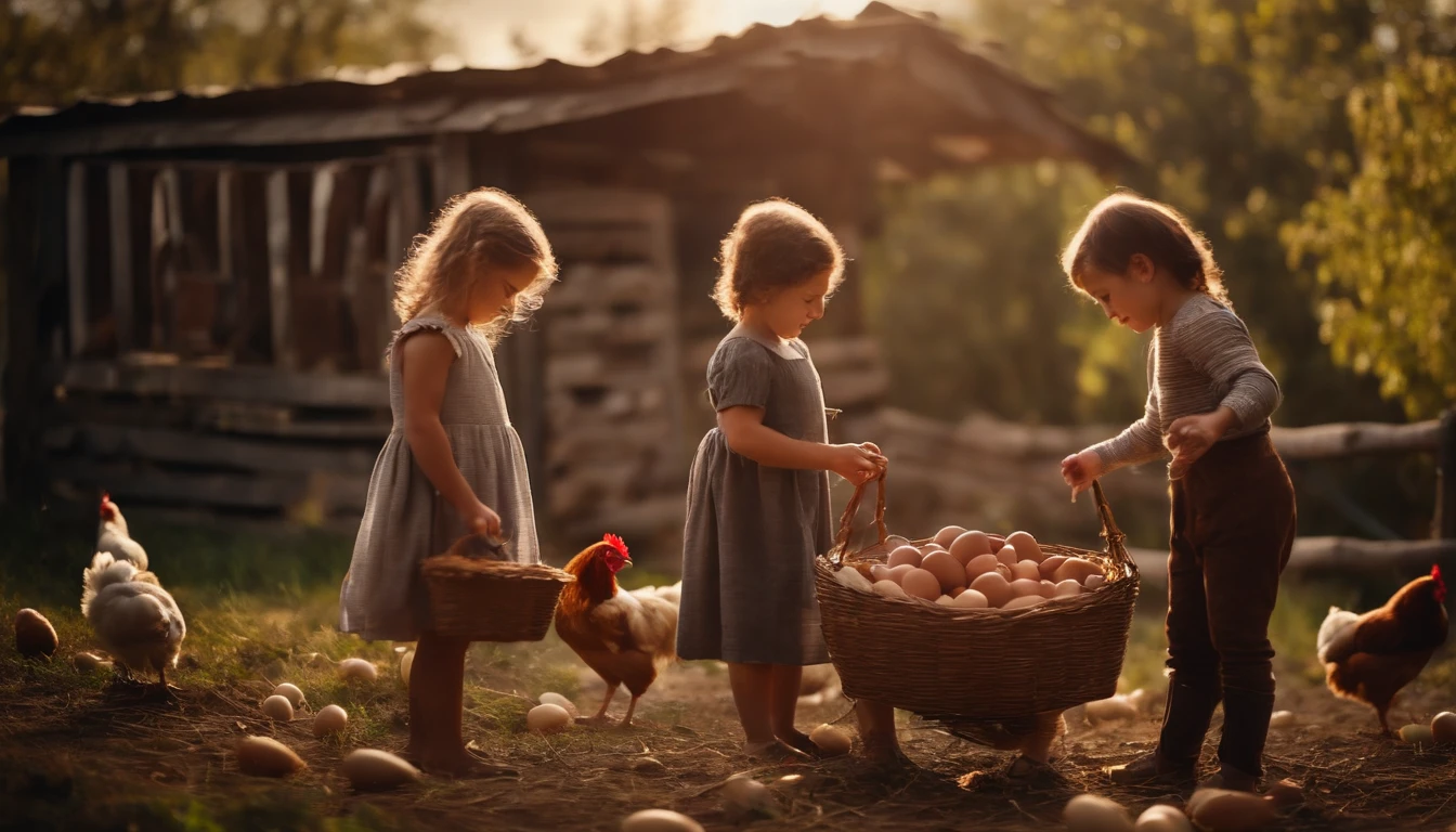 The children are collecting eggs from the chicken coop.
