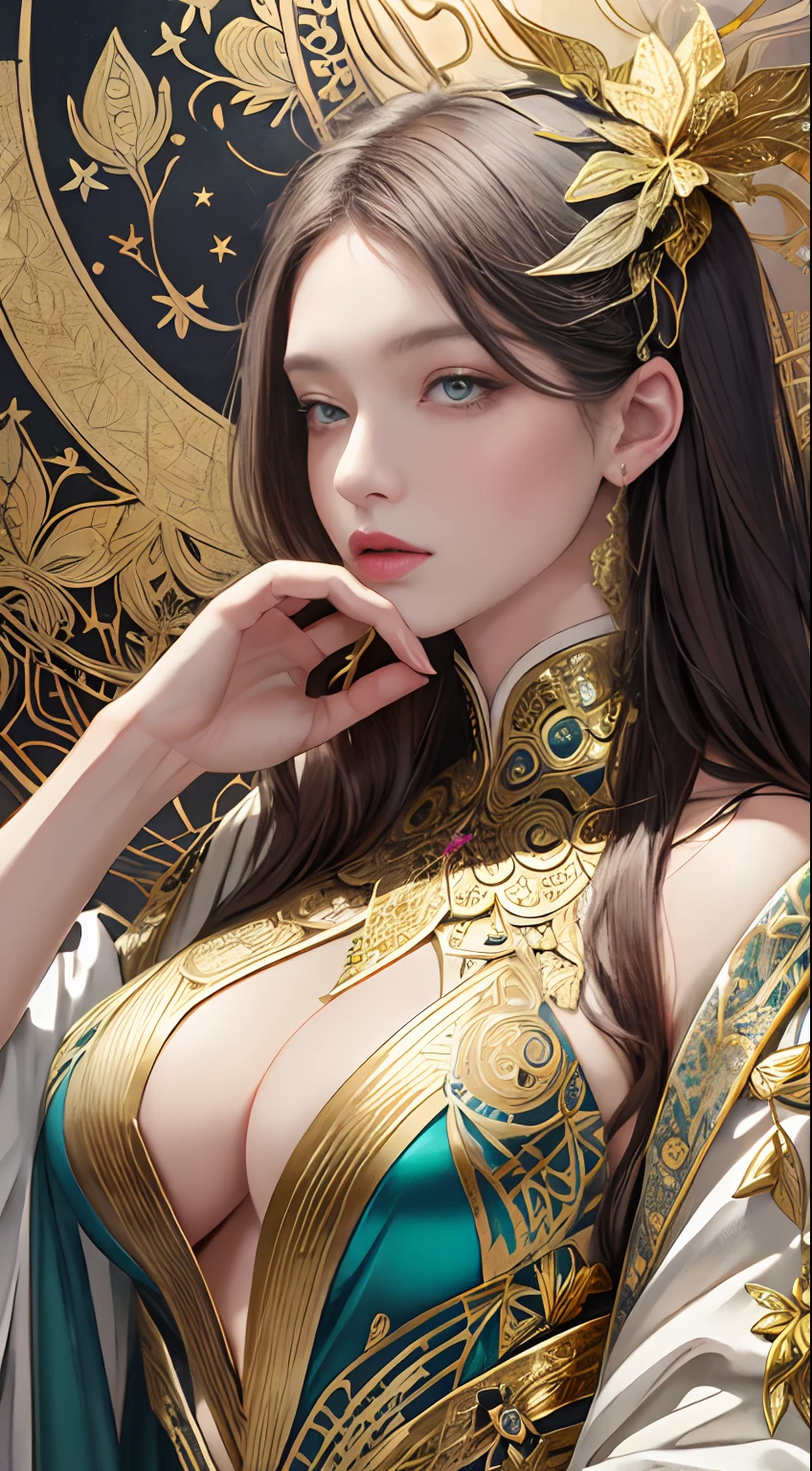 (tmasterpiece,top Quority,best qualtiy,offcial art,Beautiful and aesthetic:1.2),(1girll),Extremely detailed,Colorful,highestdetailed,offcial art,统一 8k 壁纸,ultra - detailed,Beautiful and aesthetic,big breasts beautiful,tmasterpiece,best qualtiy,(zentangle,datura,Tangles,entangled),holy rays,gold foil,Gold leaf art,glitter drawing,PerfectNwsjMajic,delicated face,Elaborate Eyes
