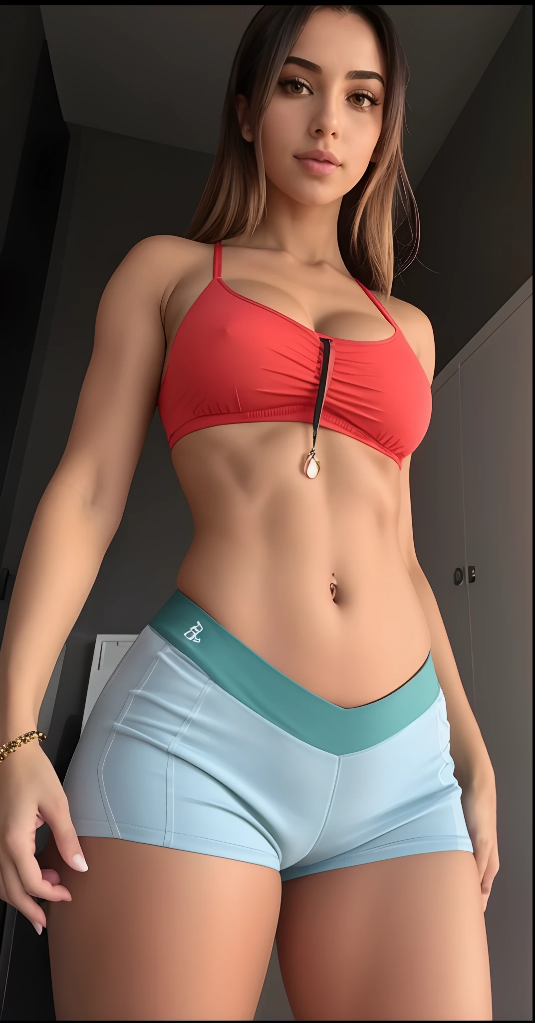 mulher argada em um top vermelho e shorts azuis posando para uma foto, abdominais suados, com abdominais, [ ABS rigidamente definido ]!!, corpo sensual com barriga sexy, Abs, [ adamantly defined abs ]!!, Seis pacotes, Camisa de corte e abdominais fortes, corpo sexy, modelo fitness, bem tonificado, corpo tonificado, menina em forma, pacote de seis