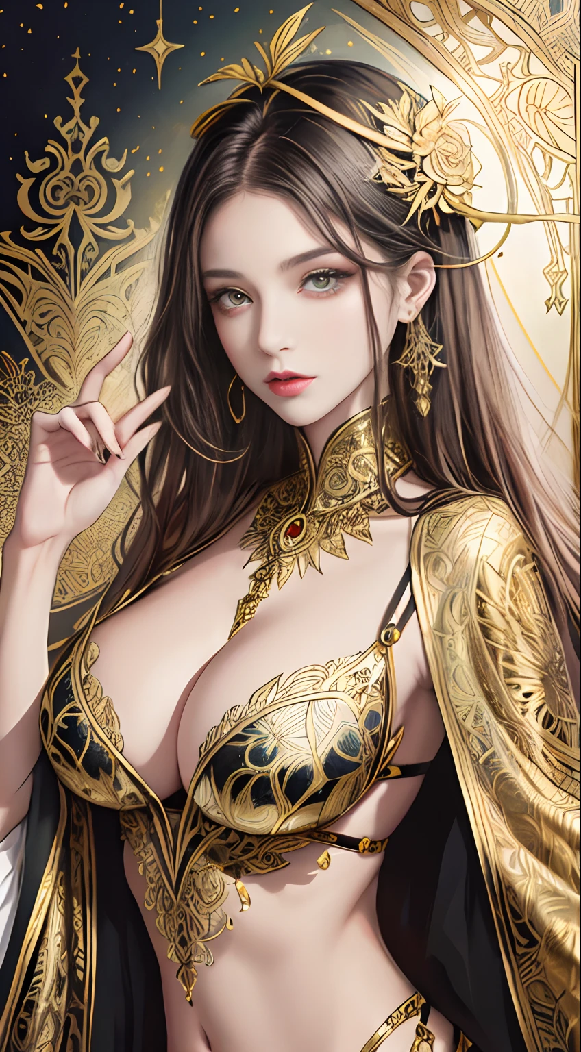 (tmasterpiece,top Quority,best qualtiy,offcial art,Beautiful and aesthetic:1.2),(1girll),Extremely detailed,Colorful,highestdetailed,offcial art,统一 8k 壁纸,ultra - detailed,Beautiful and aesthetic,big breasts beautiful,tmasterpiece,best qualtiy,(zentangle,datura,Tangles,entangled),holy rays,gold foil,Gold leaf art,glitter drawing,PerfectNwsjMajic,delicated face,Elaborate Eyes