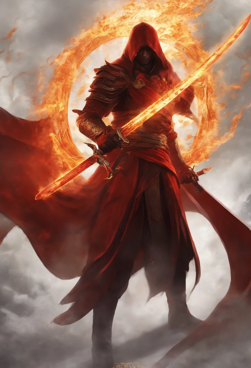 The Soulfire Katana finds its mysterious master, a male figure veiled in the ethereal flames that mirror the blade's crimson etchings. His enigmatic presence suggests an intimate connection to the infernal forces. As he wields the katana, fiery shadows envelop him, creating an enigmatic dance of destruction and rebirth, embodying the eternal cycle of flames.
