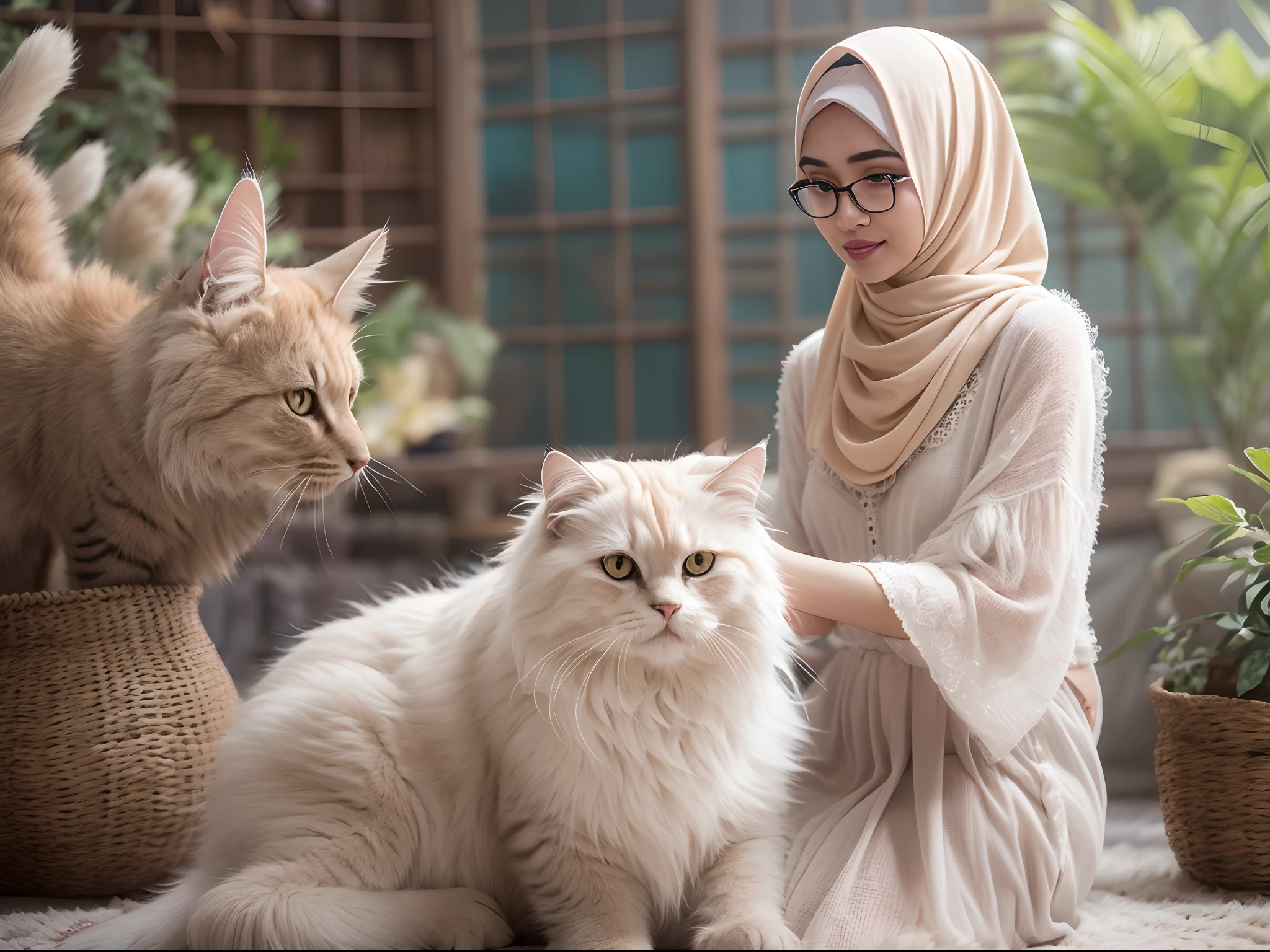 Design a heartwarming scene as the young Malay woman in pastel color hijab interacts with her beloved very big cat pet, very big fluffy white persian cat, very cute Malay woman with beautiful small petite body, wear modest baju kurung, wear glasses, big round glasses, small petite body, beer belly, small waist, slim, wide hips, thick thighs, showcasing the bond between them in a cozy home setting, bright lighting, happy, 8k, high quality, ray lighting,