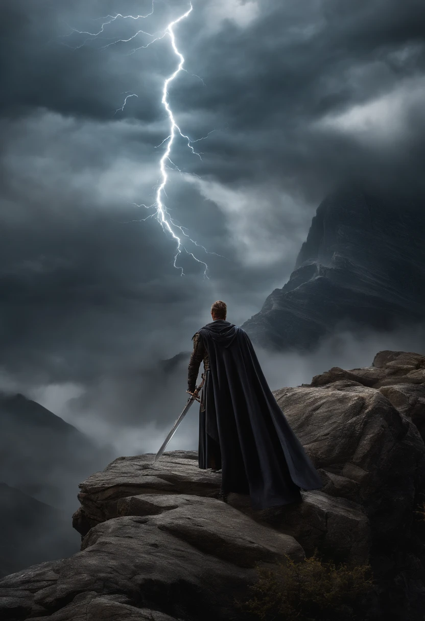 The Stormbringer Sword's enigmatic male wielder stands atop the tempestuous mountain peak, an elemental master with a thundercloud-gray cloak and stormy countenance. He channels the might of thunderstorms with his presence and, as he wields the colossal greatsword, the surrounding tempest responds to his indomitable power, leaving a trail of awe-inspiring, tempestuous effects.
