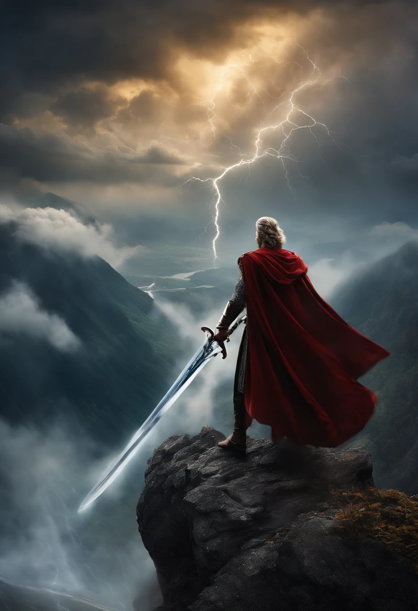 The Stormbringer Sword's enigmatic male wielder stands atop the tempestuous mountain peak, an elemental master with a thundercloud-gray cloak and stormy countenance. He channels the might of thunderstorms with his presence and, as he wields the colossal greatsword, the surrounding tempest responds to his indomitable power, leaving a trail of awe-inspiring, tempestuous effects.