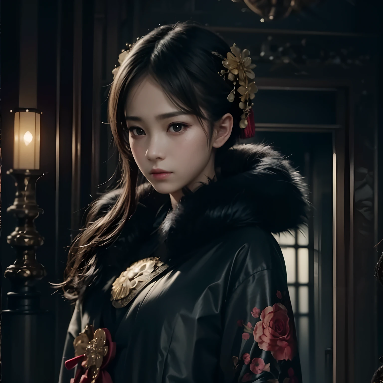 Official Art, Unity 8k wallpaper, super detailed, beautiful, beautiful girl, focused on realistic detailed face, has a few darkspots, wearing black clothing, masterpiece, best quality, dark, atmospheric, mystical, romantic, creepy, literature, art, fashion, show era, decoration, intricacies, fur products, lace, contemplation, emotional depth, supernatural, kimono 1girl, solo, neck, bust composition, Realistic, bokeh, lens_flare,Natural light,portrait,Grey Film filter,(KODAK Ektar 100:1.2)