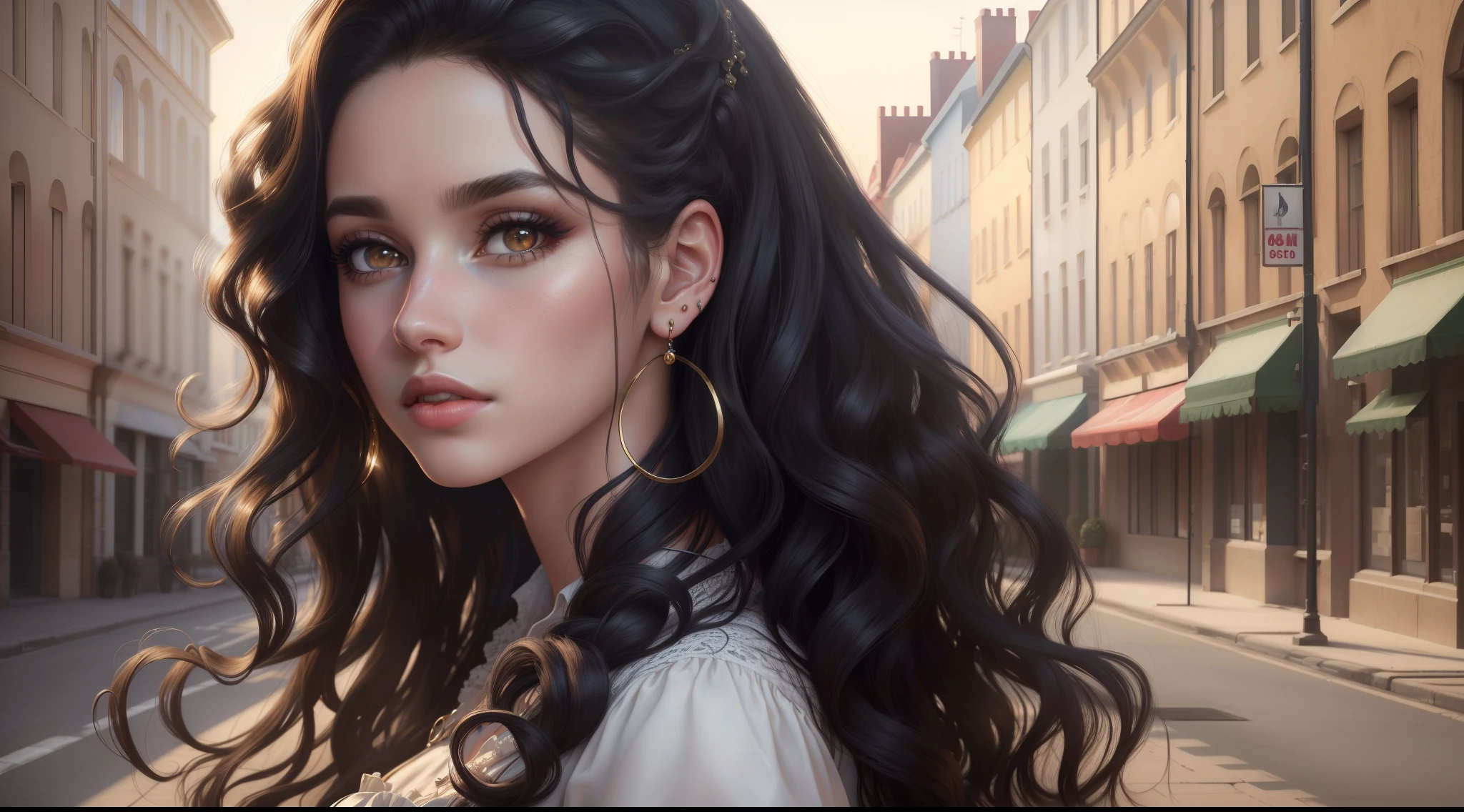 (best quality,4k,8k,highres,masterpiece:1.2),ultra-detailed,(realistic,photorealistic,photo-realistic:1.37),DigiArt Style,looking at viewer,full body,digital art,1girl,solo,long curly hair,black hair,azur eyes,earrings,full lips,eyelashes,makeup