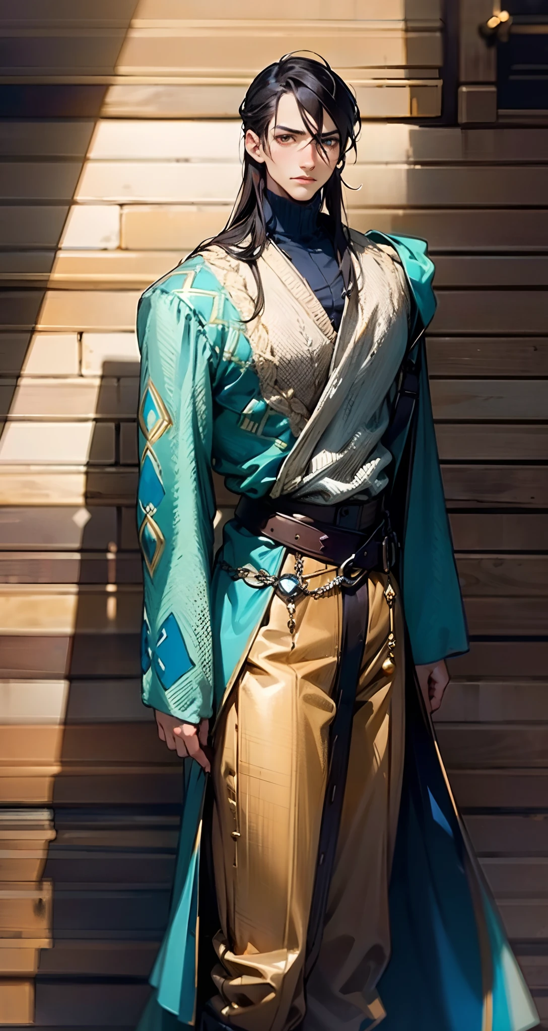 A young man with indigo long hair, long and straight hairstyle, looks up, a gentle expression, a tender gaze, a two-piece fantasy-realism style outfit, knitted shirt over a dark fitted undershirt, belted at the waist, long flowing hemline, matching trousers, the background shows a medieval fantasy-style street with snowflakes falling, this character embodies a finely crafted fantasy-realism in anime style, characterized by an exquisite and mature manga illustration art style, high definition, best quality, highres, ultra-detailed, ultra-fine painting, extremely delicate, professional, anatomically correct, symmetrical face, extremely detailed eyes and face, high quality eyes, creativity, RAW photo, UHD, 8k, Natural light, cinematic lighting, masterpiece-anatomy-perfect, masterpiece:1.5