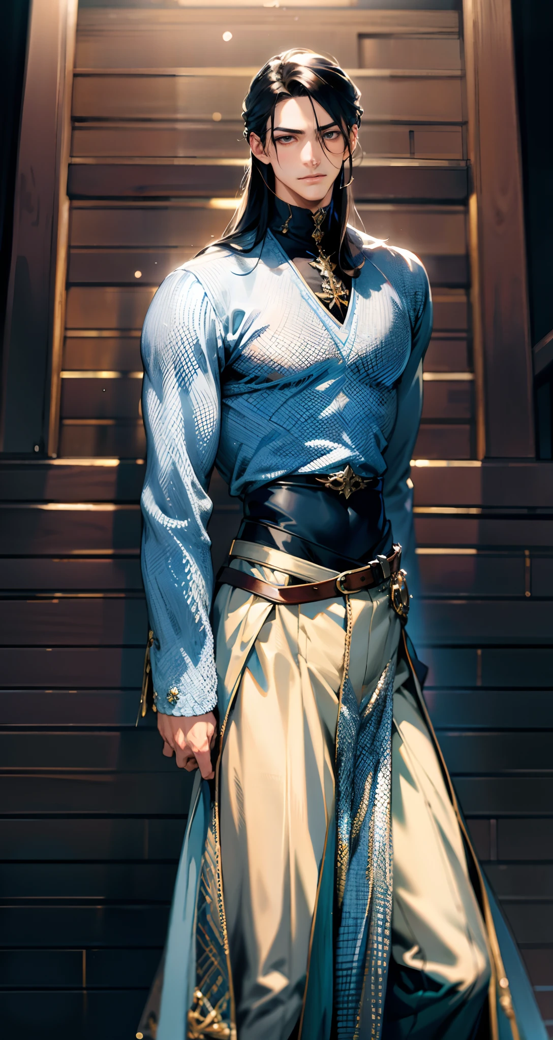 A young man with indigo long hair, long and straight hairstyle, looks up, a gentle expression, a tender gaze, a two-piece fantasy-realism style outfit, knitted shirt over a dark fitted undershirt, belted at the waist, long flowing hemline, matching trousers, the background shows a medieval fantasy-style street with snowflakes falling, this character embodies a finely crafted fantasy-realism in anime style, characterized by an exquisite and mature manga illustration art style, high definition, best quality, highres, ultra-detailed, ultra-fine painting, extremely delicate, professional, anatomically correct, symmetrical face, extremely detailed eyes and face, high quality eyes, creativity, RAW photo, UHD, 8k, Natural light, cinematic lighting, masterpiece-anatomy-perfect, masterpiece:1.5