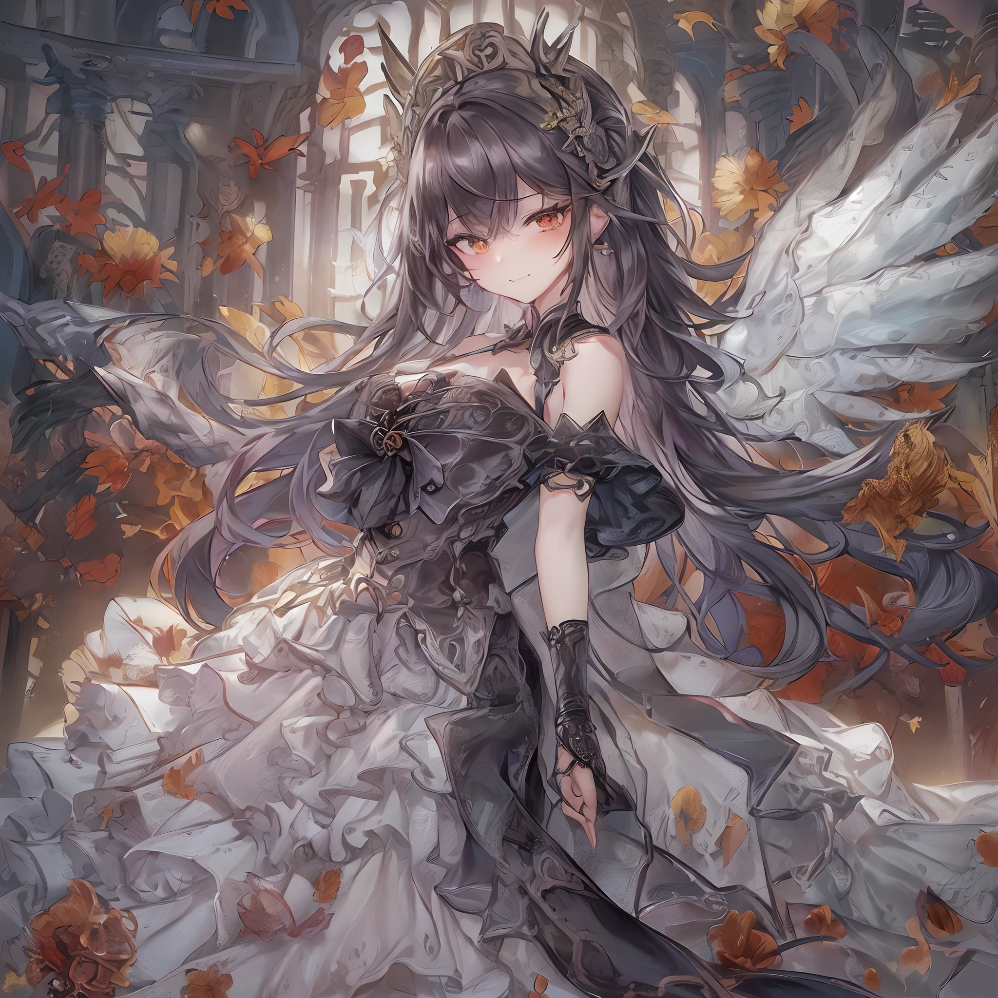((Anime Art Style)),(masutepiece),(Best Quality), (Super Detail),((Very delicate and beautiful)),Focus on character,Dynamic Angle,Looking at Viewer,((Solo)),Standing,(((Full body))),((one evil and cute princess in gorgeous ball gown with voluminous skirt)),Detailed face and eyes,(nefarious smirk),Eyes Like Gems,((Very Long voluminous Hair)),gorgeous embroidery and lace,See-through,ornate ruffles,Gorgeous jewelry ornaments,luxury hair ornament,luxury and evil tiara with jewels,(huge-breasted,Long breasts),Full body,((evil and dark atmosphere)),Full body,(((gorgeous ballgown with voluminous skirt)))(​masterpiece、top-quality、top-quality、Official art、Beautifully Aesthetic:1.2)、(One girl:1.3)、A highly detailed、(Fractal Art:1.1)、(colourfull:1.1)(florals:1.3)、The most detailed、(Zentangle:1.2)、(Dynamic Poses)、(Abstract background:1.3)、(shinny skin)、(Many colors:1.4)、、(耳环:1.4)、(pluma:1.4)1((Young aristocratic maid woman)((Black ruffled maid outfit with luxurious embroidery))((Heavy drool))((Very angry look))((red blush))((Painful and troubled face))((The face of suffering and perseverance))((Heavy sweat on the face,)((Heavy sweat spreading all over the body)))Girl with a troubled face、nightcity、Sateen、Kimono without sleeves、A dark-haired、Holding a weapon with blood on it、Looking at the camera、Cherry blossoms are dancing，Unusually resistant、red blush、shrine maiden、valkyrie、Angel wings、a navel、sideboob barbosa、with an intricate、Particles of light、thighs thighs thighs thighs、shinny skin、Perfect litthing、1girl in、looking at the viewers、Winged headgear、pelvis curtain、A smile、(​masterpiece)、(top-quality)、tiny chest、Porcelain Skin、Very long hair、hair wavy、Royal sister，femele，A queen，putting on a crown，There are a lot of golden lightning around，sitting in a throne，Bangs cover the eyes，Black Suspender Socks，Black Lace Top，，High jump，Grab Erlang's leg，，Black Silk Top，domineering，smil，The corners of the mouth are raised，Red and gold eyes，Black silk erotic underwear，Black top，Black Silk
