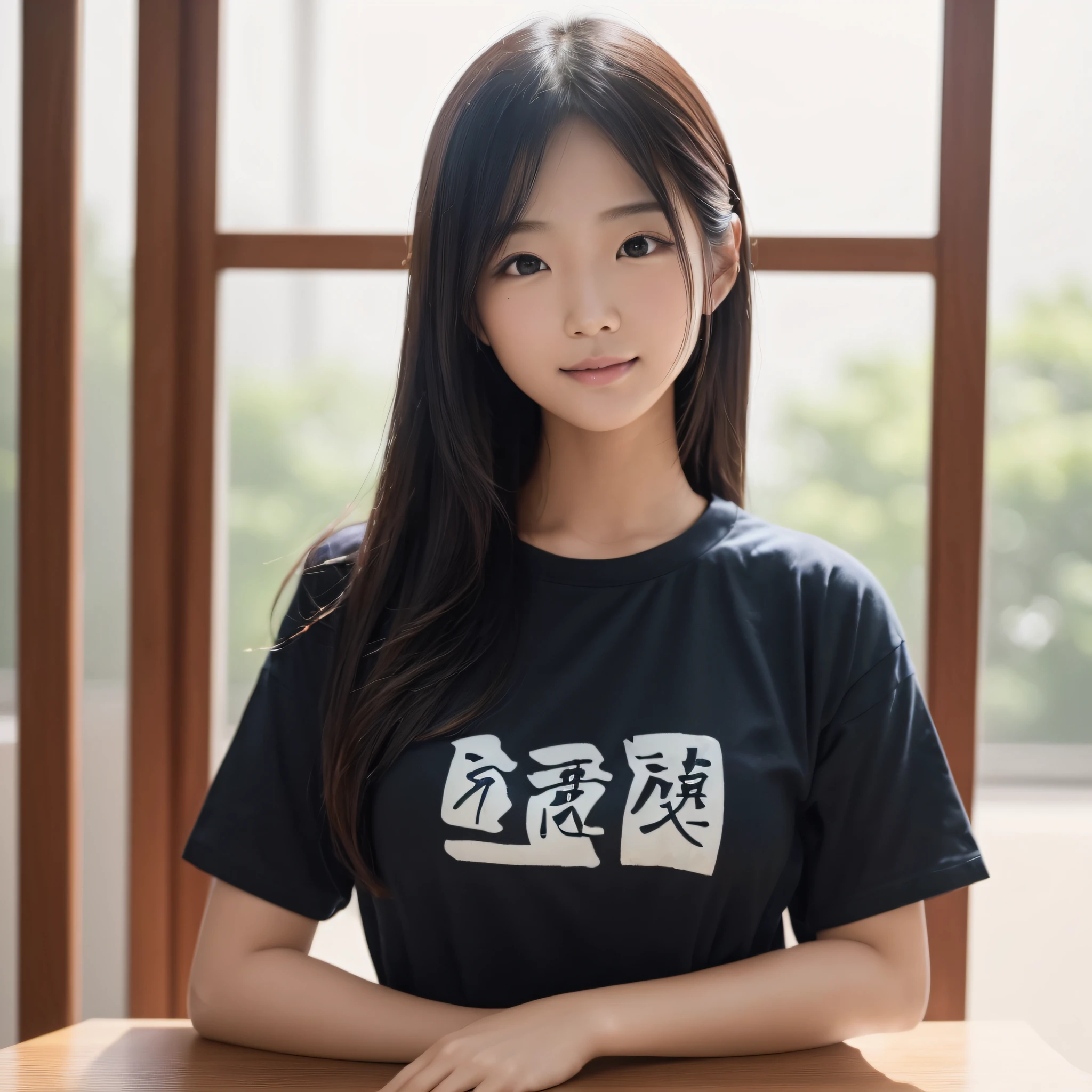 One beauty、((best qualtiy、8k masterpieces:1.3))、foco nítido:1.2、(ultra beautiful faces:1.0)、(shinny skin:1.0)、photos realistic、A dark-haired、Video Lighting、High-definition eyes and face、Video Lighting、Japanese ido、from the front side、medium breasts、Smile、Slender Abs Beauty、Whole body、Wearing a T-shirt with Japan kanji written on it、in class room