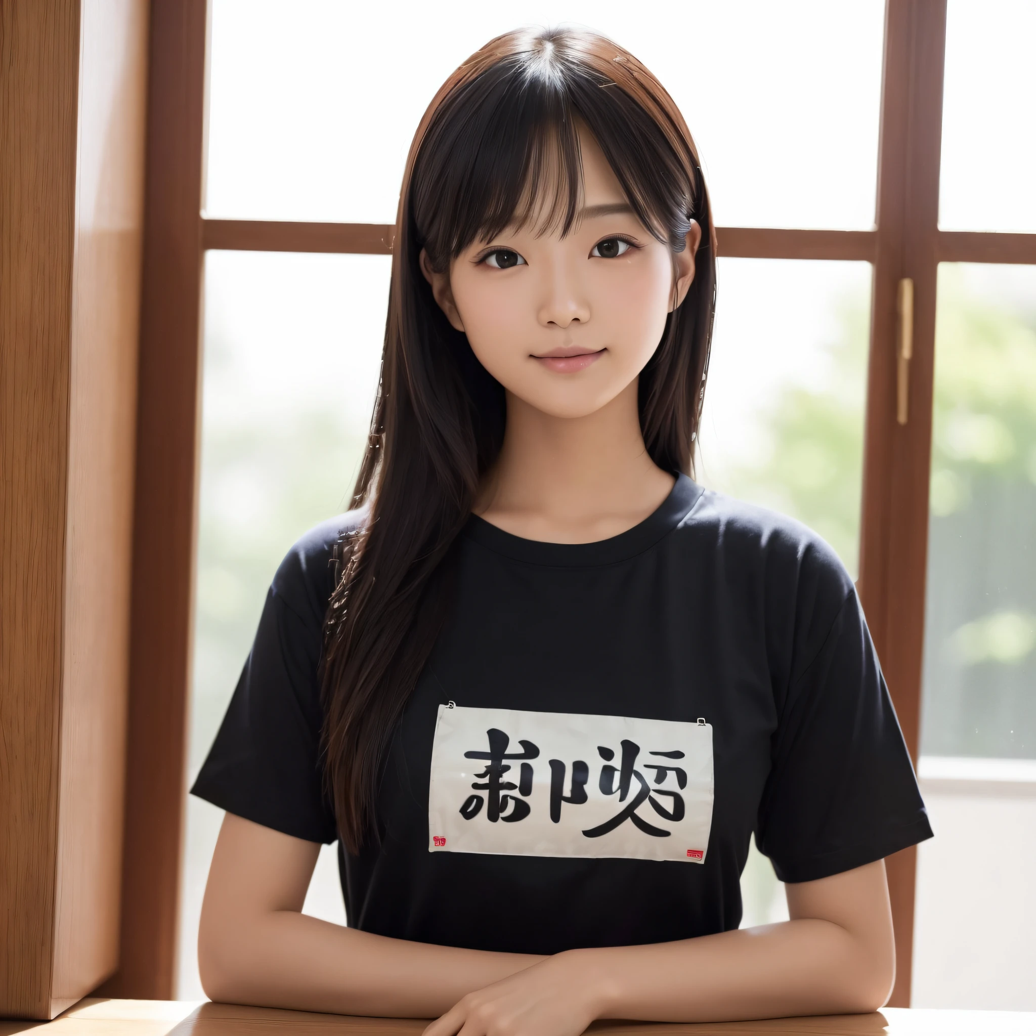 One beauty、((best qualtiy、8k masterpieces:1.3))、foco nítido:1.2、(ultra beautiful faces:1.0)、(shinny skin:1.0)、photos realistic、A dark-haired、Video Lighting、High-definition eyes and face、Video Lighting、Japanese ido、from the front side、medium breasts、Smile、Slender Abs Beauty、Whole body、Wearing a T-shirt with Japan kanji written on it、in class room