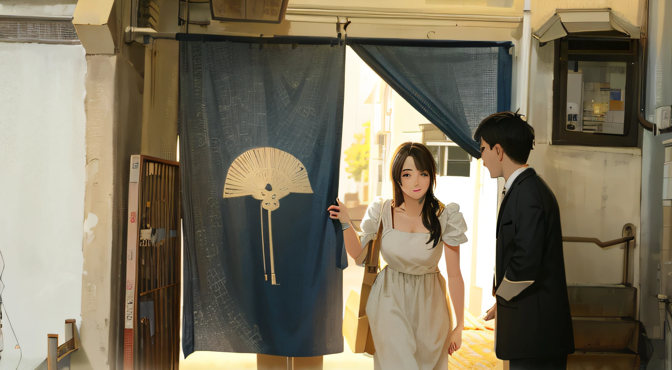 The girl in the white dress is walking in, cute girl