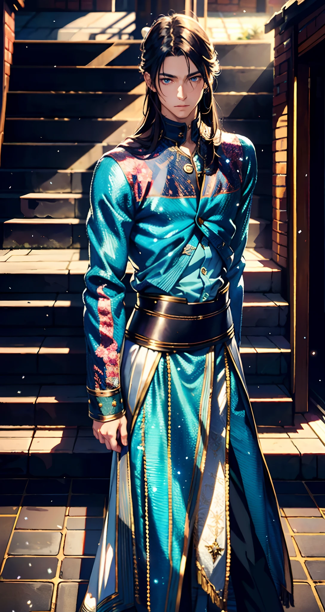 A young man with indigo long hair, long and straight hairstyle, looks up, a gentle expression, a tender gaze, a two-piece fantasy-realism style outfit, knitted shirt over a dark fitted undershirt, belted at the waist, long flowing hemline, matching trousers, the background shows a medieval fantasy-style street with snowflakes falling, this character embodies a finely crafted fantasy-realism in anime style, characterized by an exquisite and mature manga illustration art style, high definition, best quality, highres, ultra-detailed, ultra-fine painting, extremely delicate, professional, anatomically correct, symmetrical face, extremely detailed eyes and face, high quality eyes, creativity, RAW photo, UHD, 8k, Natural light, cinematic lighting, masterpiece-anatomy-perfect, masterpiece:1.5