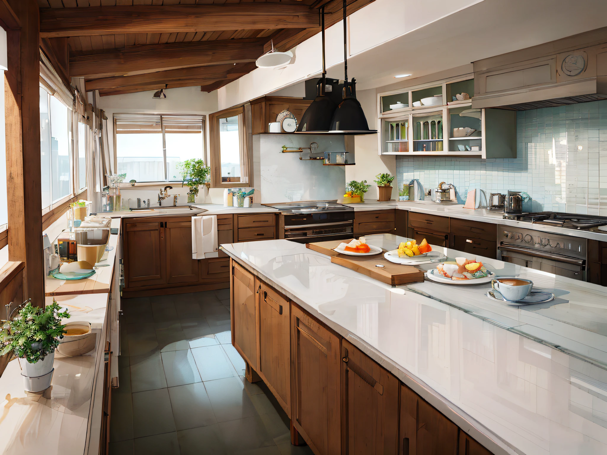 a clean pastel colors kitchen cozy, with breakfast in the counter, delicious food, coffee and eggs, high details, bright light, good morning, fresh day, start the day with a good cup of coffee and eggs, beautiful decoration, 4k unreal engine, illustration, clean colors, happy place, masterpiece