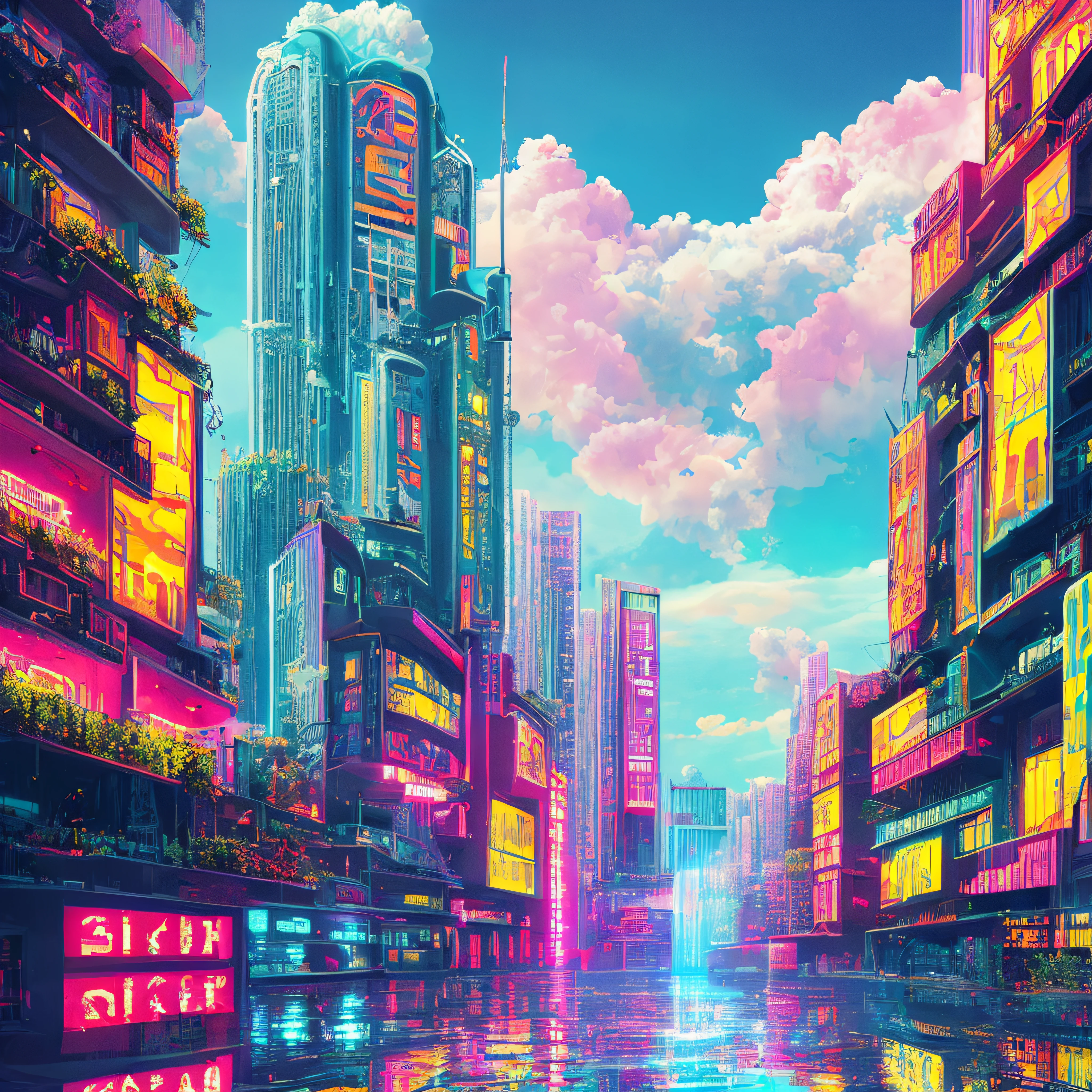 Heaven if it were cyberpunk, volumetric, neon, clouds, bright lights, angelic, beautiful scenery