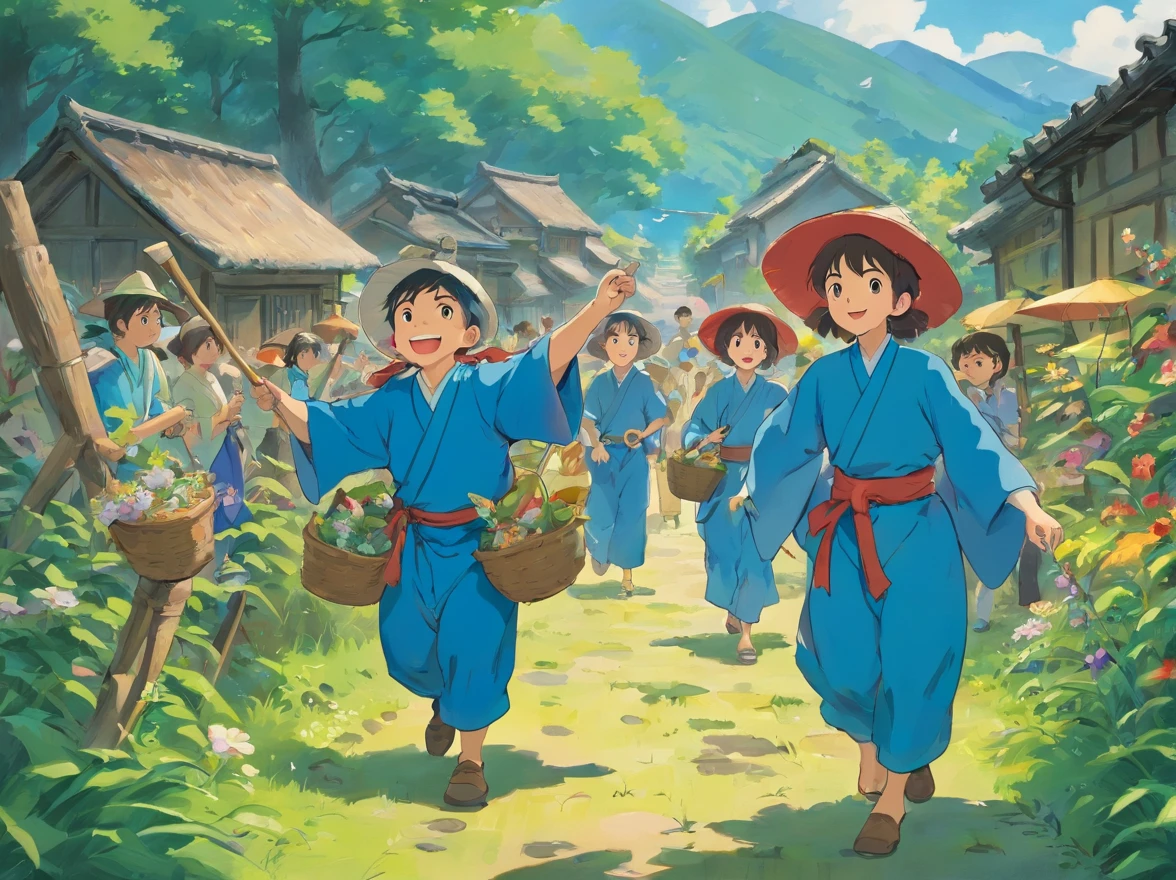 Zhuang people，group of people，Farm tools in hand，People raise bunting，Man in blue clothes，Catch frogs，There are mountains，Aritano，casa