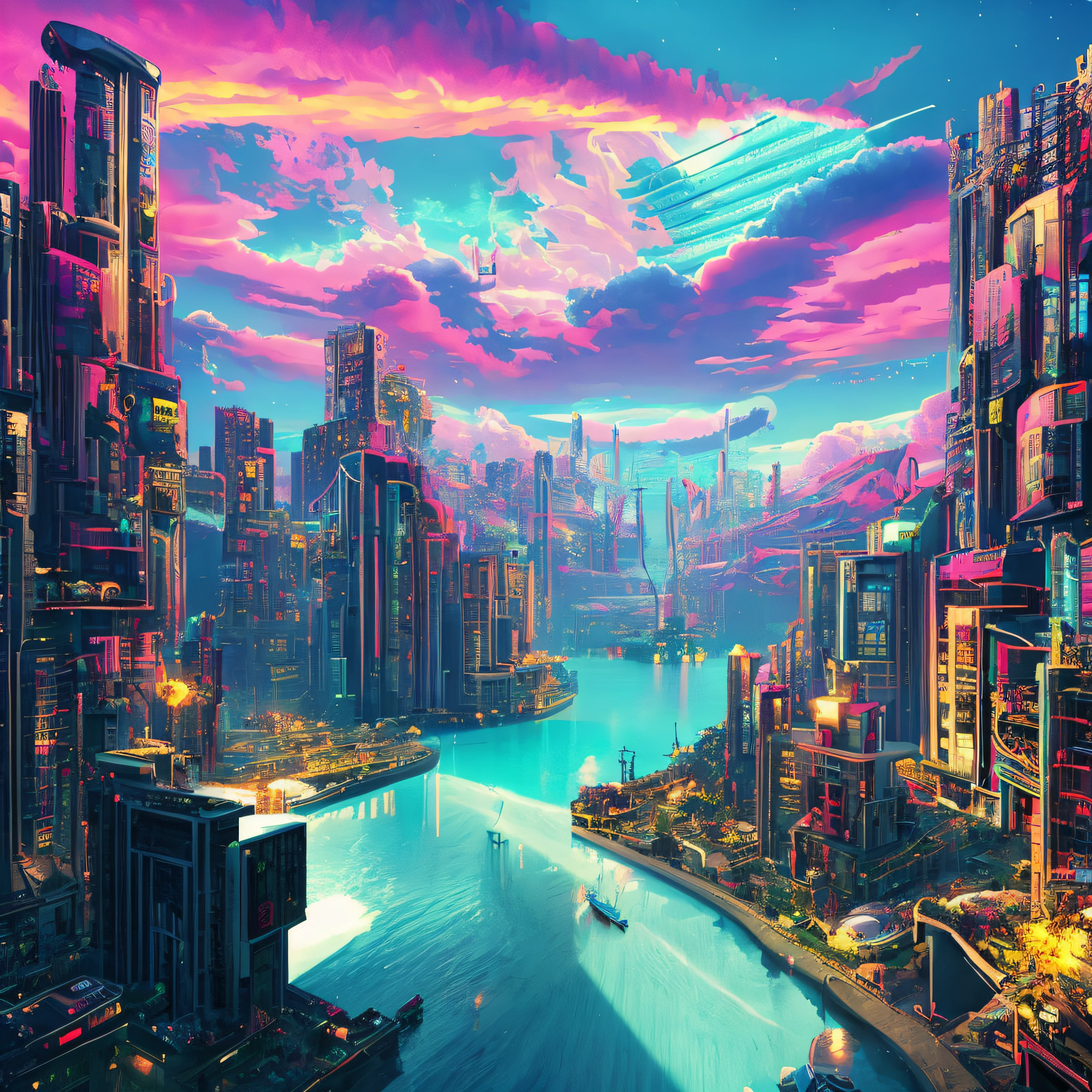 Heaven if it were cyberpunk, volumetric, neon, clouds, bright lights, angelic, beautiful scenery