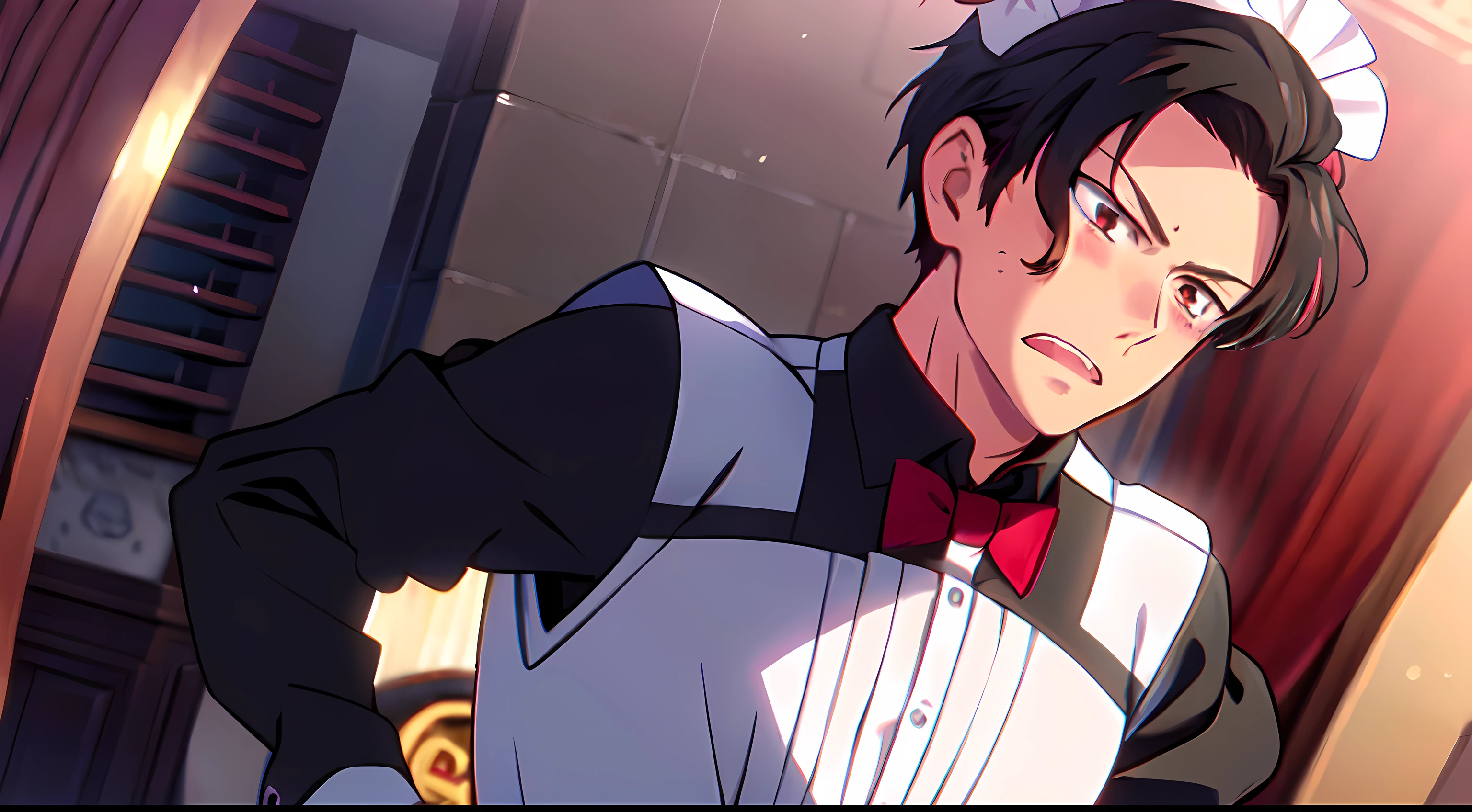 masterpiece, (1Man), luci, red eyes, black hair, maid outfit, maid head accessories, flustered, angry blush, looking away